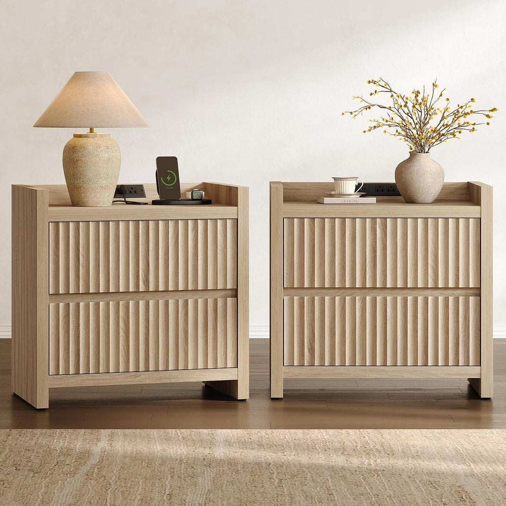 SICOTAS Night Stands Set of 2-Fluted Nightstands with Charging Station- Large Nightstand Bedside Table End Table with 2 Drawers, 25' Tall Mid Century Modern Night Stand for Bedroom, Sofa Side