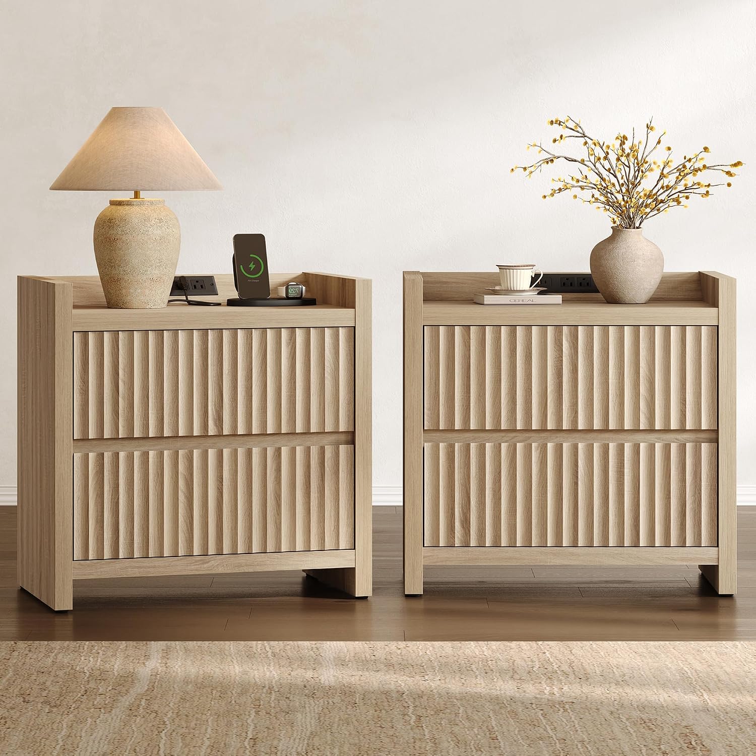 SICOTAS Night Stands Set of 2-Fluted Nightstands with Charging Station- Large Nightstand Bedside Table End Table with 2 Drawers, 25' Tall Mid Century Modern Night Stand for Bedroom, Sofa Side