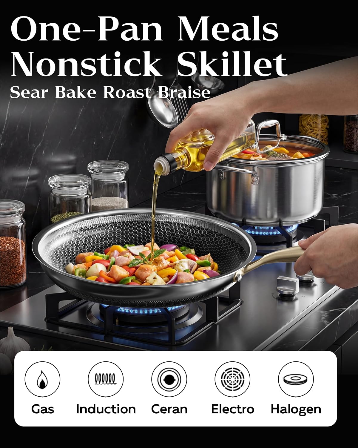 Nonstick Frying Pan Set with 3 Lids, 8+10+12 Inch, Honeycomb Stainless Steel Skillet Pans Set, PFOA-Free Scratch-Proof, Dishwasher & Oven Safe, Compatible with All Cooktops