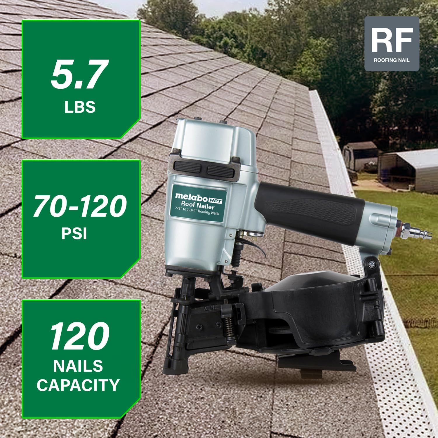 Metabo HPT Roofing Nailer, Pro-Preferred Pneumatic Power Nailer in Roofing Tools, Pneumatic Roofing Nailer for Asphalt Roofing Shingles, Nailer 16 Degree 7/8″ to 1-3/4″ Roofing Nails, NV45AB2
