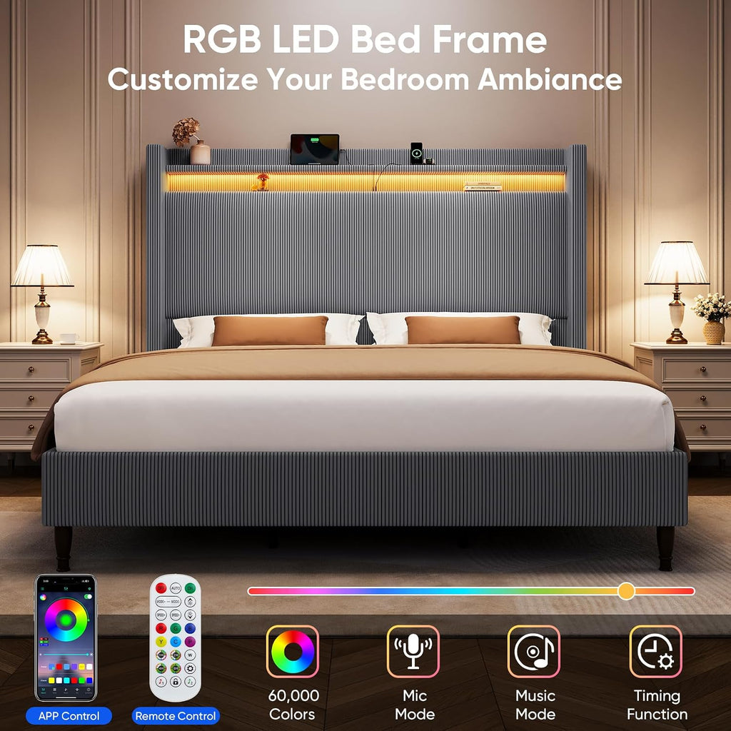 King Bed Frame with 55.3' Tall Headboard, Corduroy Upholstered Platform Bed with LED Lights & Charging Station, Wingback Storage Headboard, Solid Wood Slats,Noise Free,No Box Spring Needed,Dark Grey