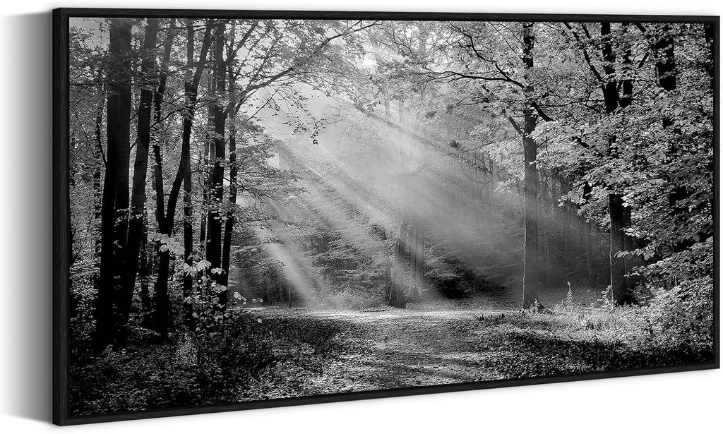 Landscape Canvas Framed Wall Art - Black White Sunset Forest Picture Woodland Painting Nature Tree Scenery Artwork Prints for Bedroom Living Room