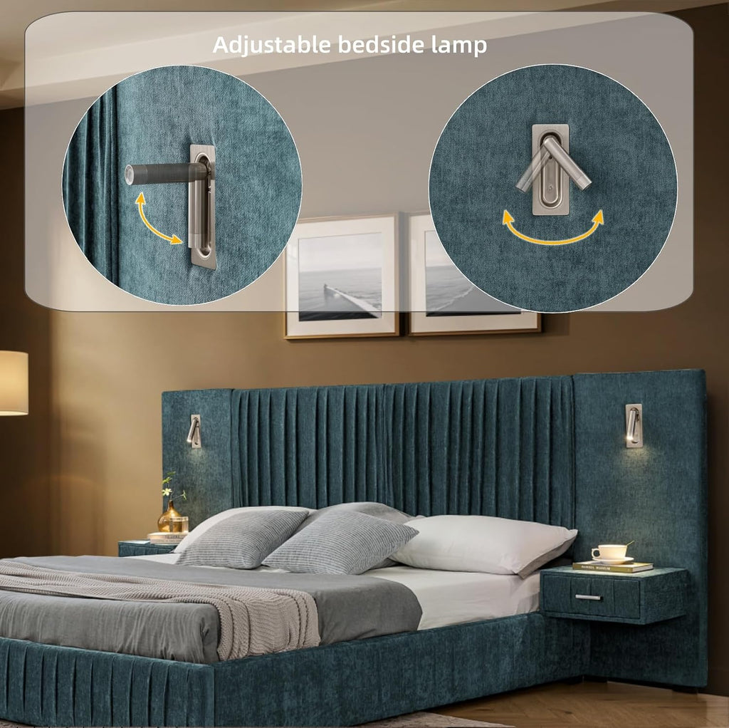 KEIKI King Size Chenille Bed Frame with 2 Nightstands, Lamps & Oversize Headboard, Solid Wood Frame Platform Night Stand Bedroom Set, Upholstered Floor Grounded Bed, No Box Spring Needed, Blue Green