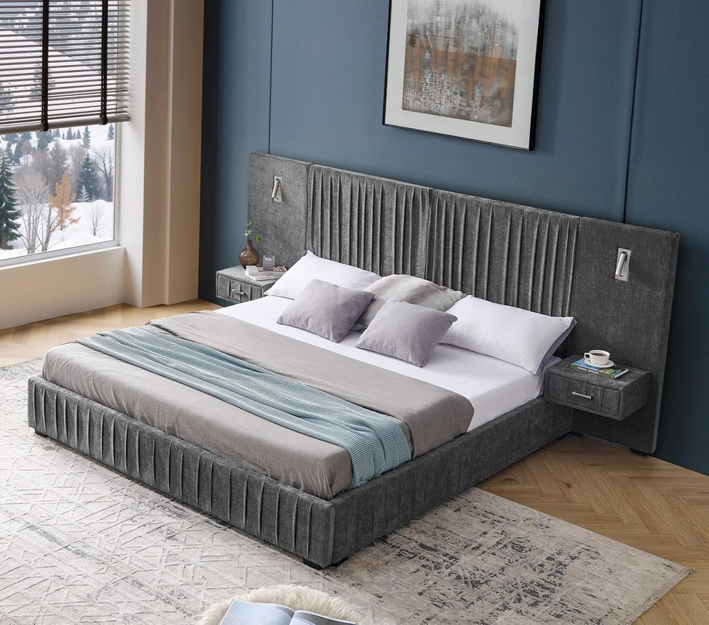 KEIKI King Size Chenille Bed Frame with 2 Nightstands, Lamps & Oversize Headboard, Solid Wood Frame Platform Night Stand Bedroom Set, Upholstered Floor Grounded Bed, No Box Spring Needed, Dark Grey