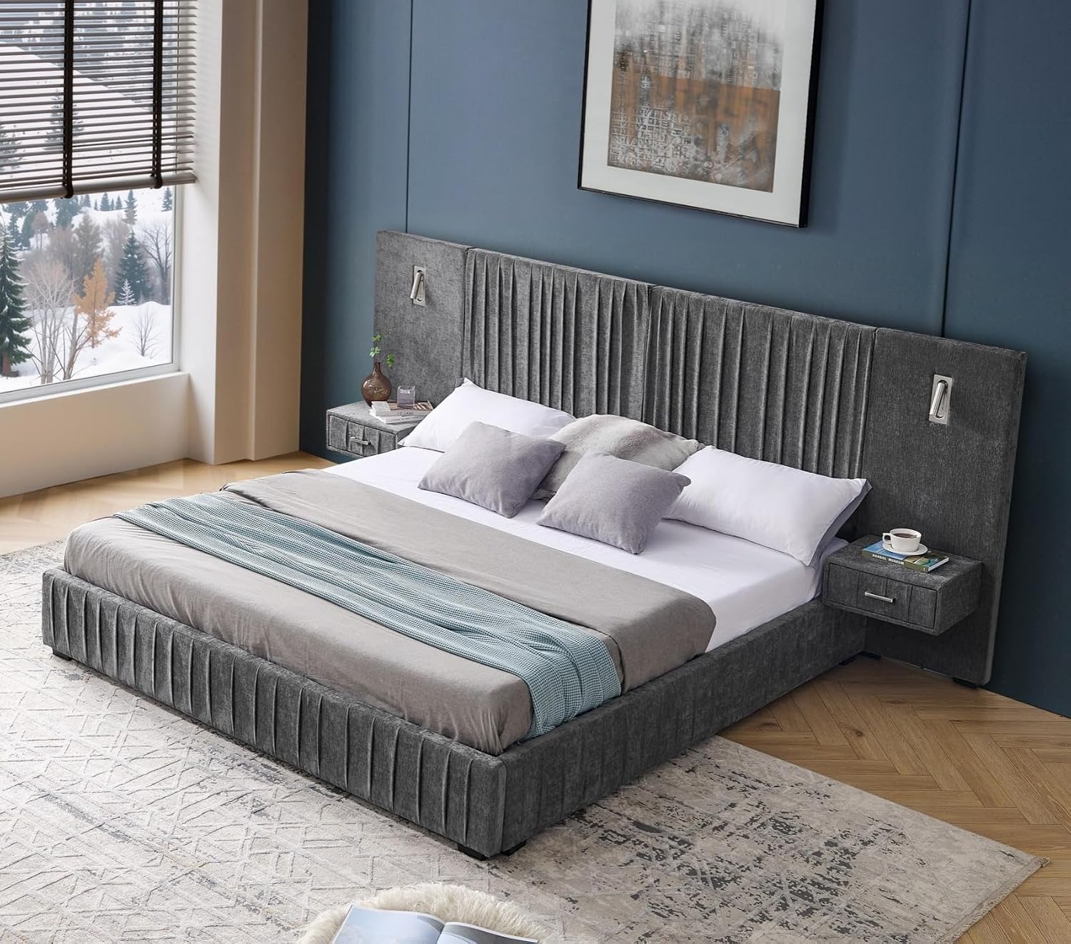 KEIKI King Size Chenille Bed Frame with 2 Nightstands, Lamps & Oversize Headboard, Solid Wood Frame Platform Night Stand Bedroom Set, Upholstered Floor Grounded Bed, No Box Spring Needed, Dark Grey