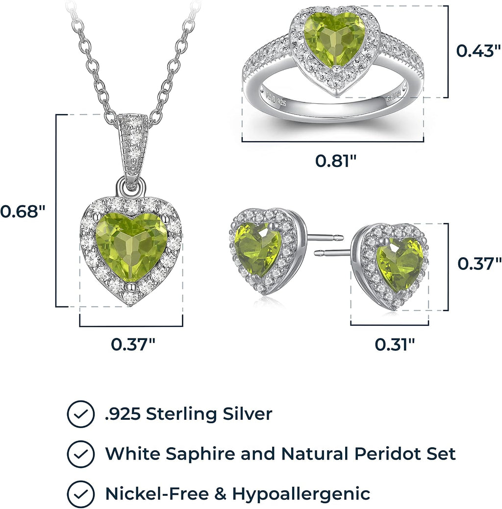 MORGAN & PAIGE .925 Sterling Silver Gemstones and White Sapphire Halo Heart Pendant Necklace, Ring and Stud Earrings for Women Set - Birthstone Jewelry Sets for Women, 18in Cable Chain, Size 7 Ring