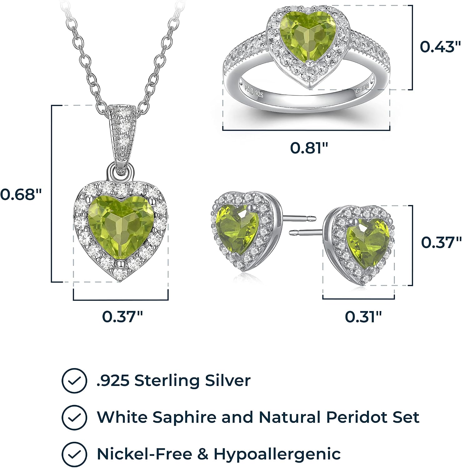 MORGAN & PAIGE .925 Sterling Silver Gemstones and White Sapphire Halo Heart Pendant Necklace, Ring and Stud Earrings for Women Set - Birthstone Jewelry Sets for Women, 18in Cable Chain, Size 7 Ring