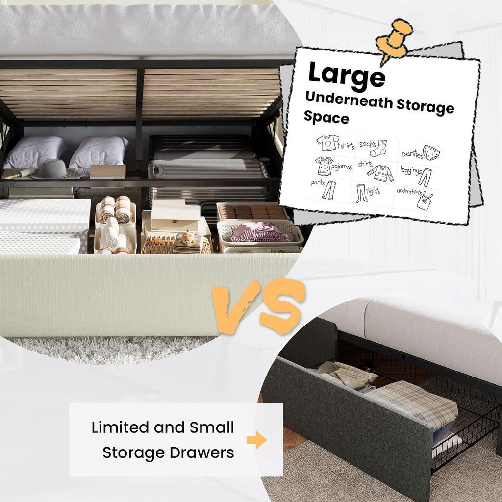 SHA CERLIN Queen Size Lift Up Storage Bed/Chenille Fabric Upholstered/Modern Wingback Headboard/Platform Bed Frame/Hydraulic Storage/No Box Spring Needed/Wood Slats Support/Cream