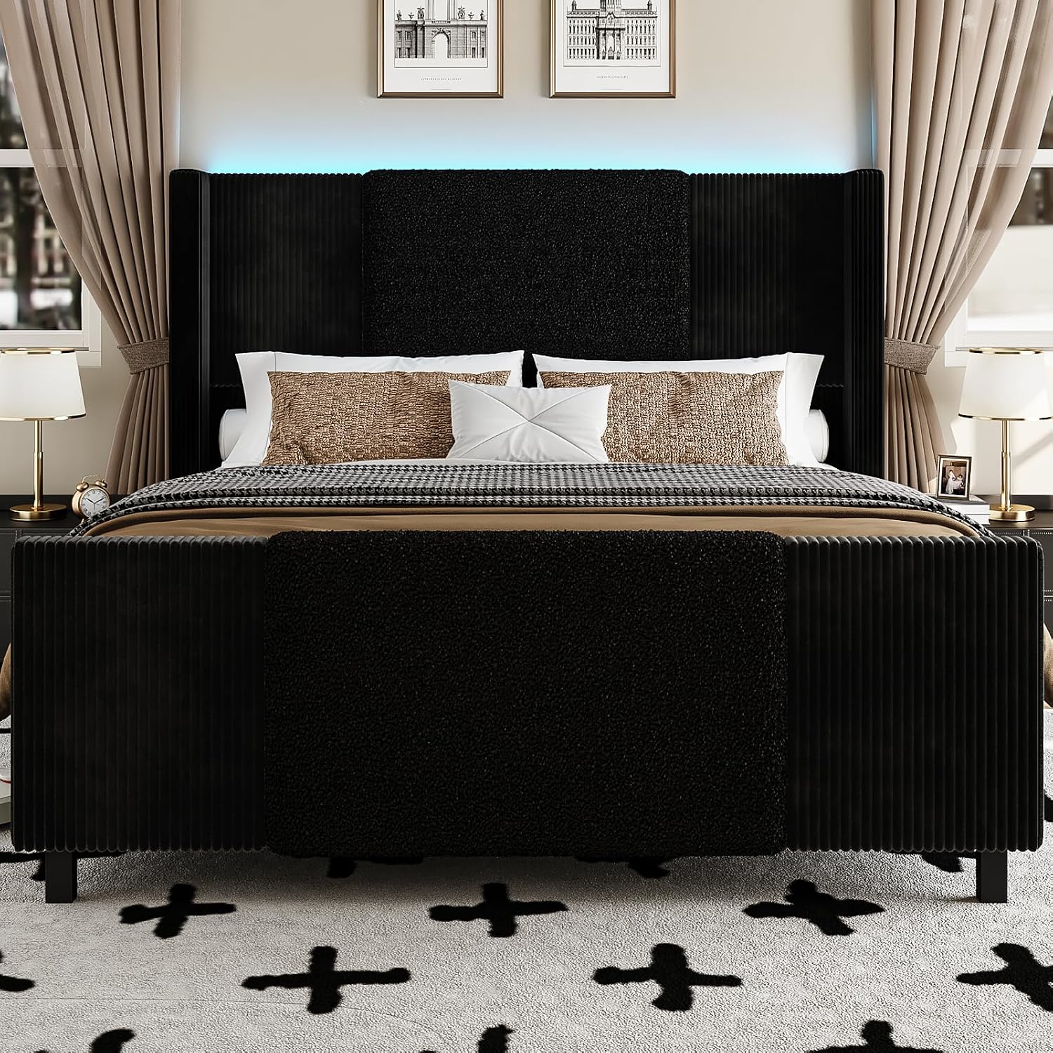 Lihimte Queen Size Bed Frame with Tall Headboard and Footboard, Boucle and Corduroy Upholstered Bed Frame Queen with LED Lights, Modern Platform Bed Frames, Noiseless, Easy Assembly, Black