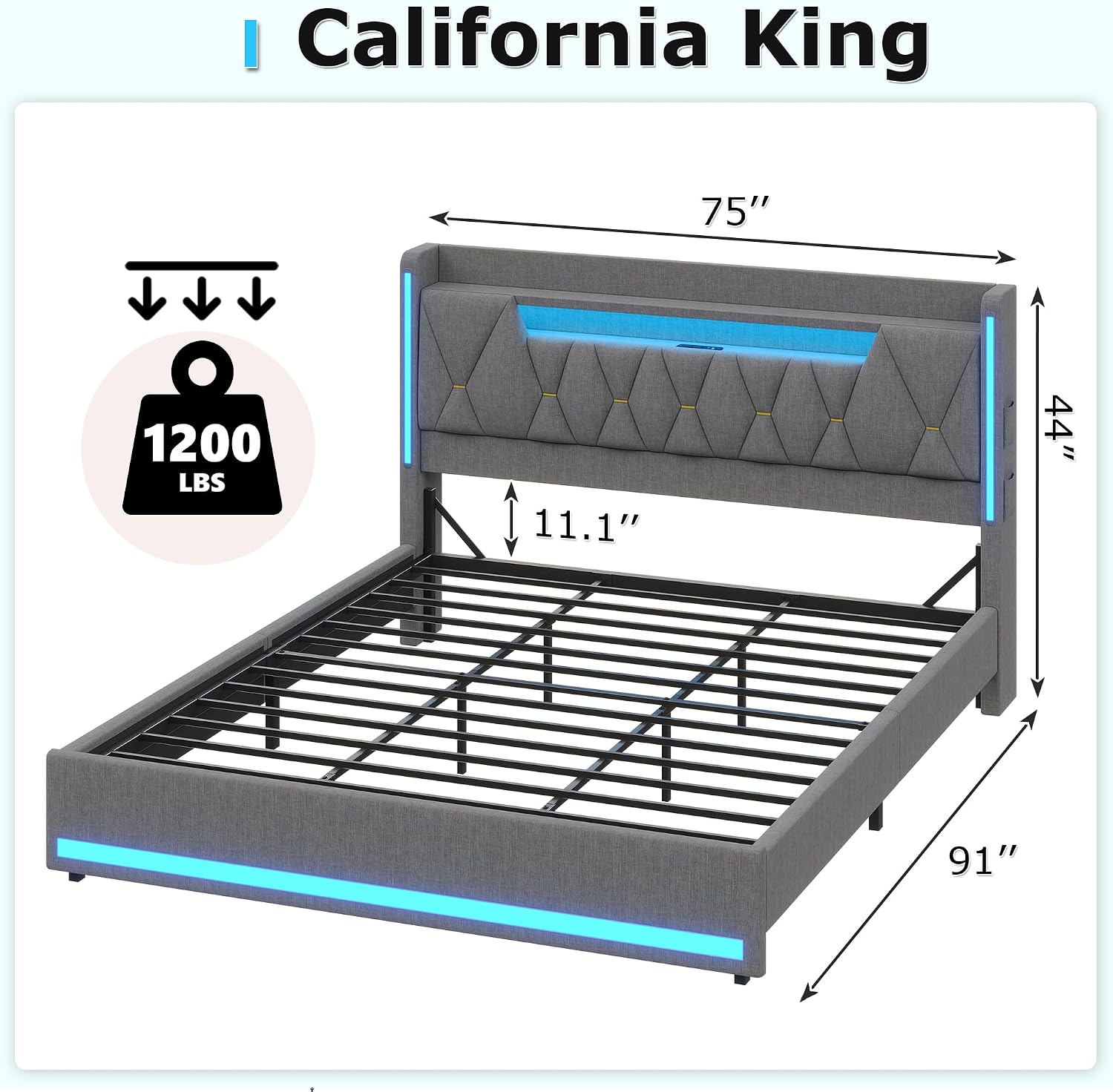 busyaeh California King Bed Frame with Marshmallow Headboard and Storage, Cal King Bed Frame with LED Lights & Charging Station, Upholstered Platform Bed with Metal Support, No Noise, Gray