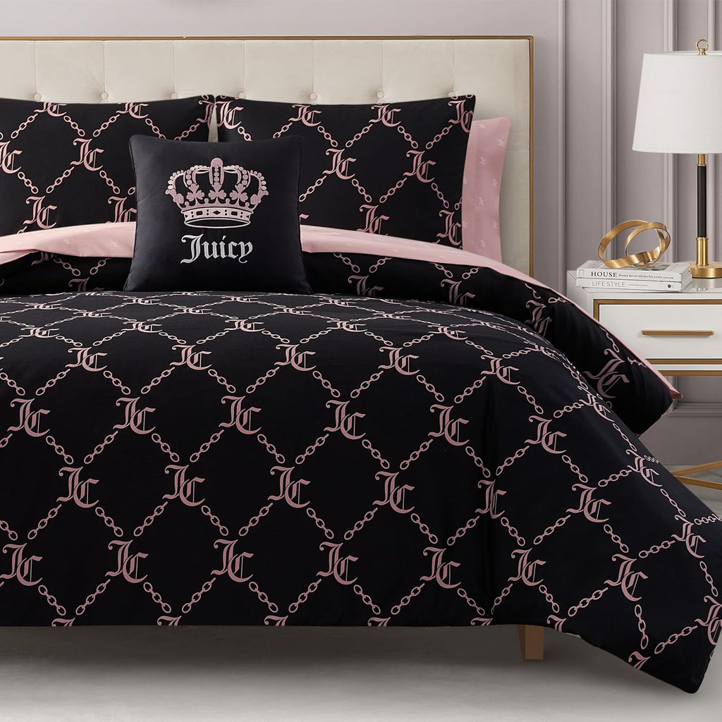 Juicy Couture Black Link Logo Printed Comforter Set, King – Complete 8-Piece Bed in a Bag Collection