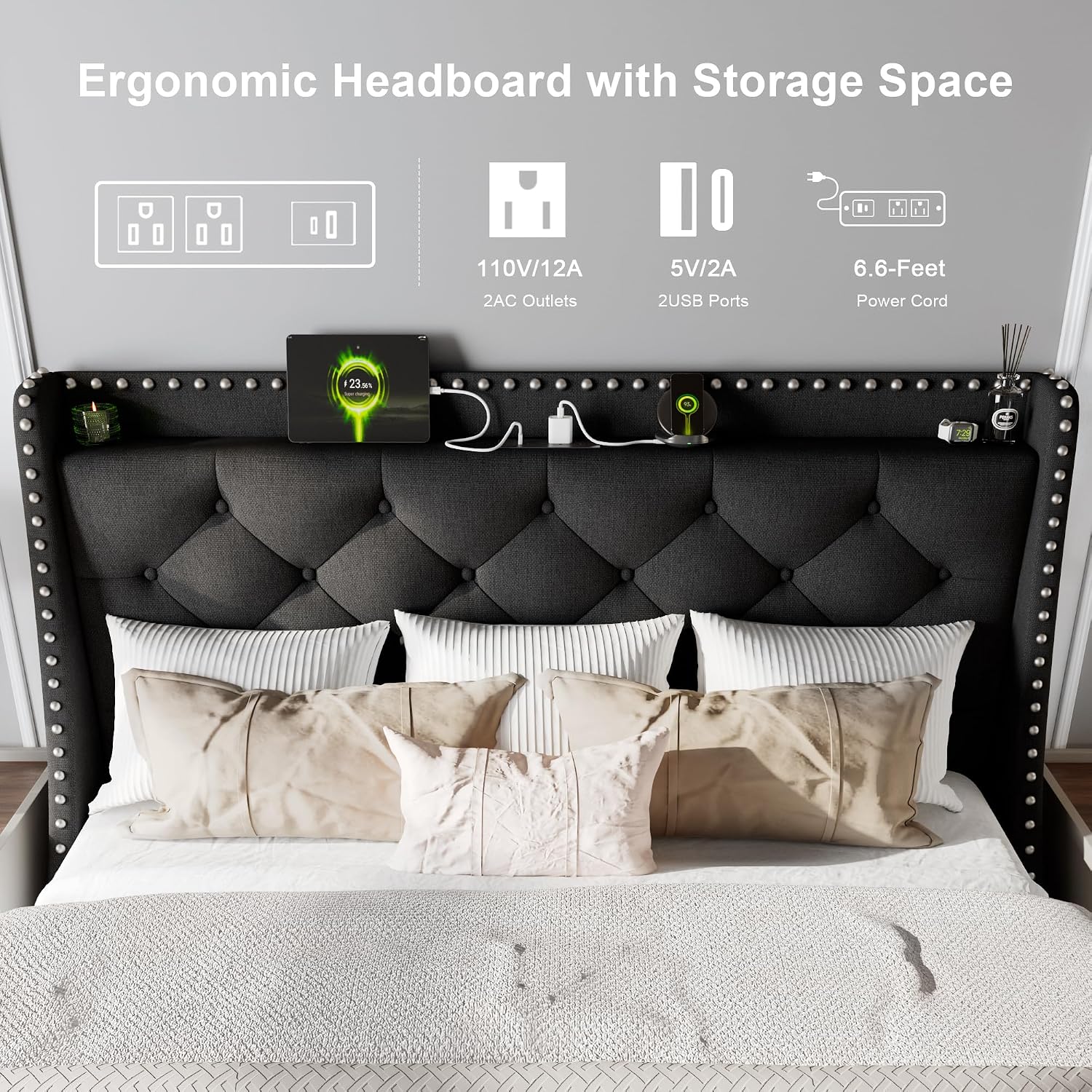 Feonase Full Size Bed Frame with Luxury Wingback and Fast Charging Station,Full Upholstered Button Tufted Storage Headboard Platform Bed,Sturdy Wooden Slats Support,Noise-Free,Easy Assembly,Black