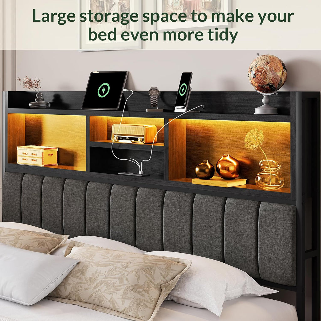 LARMACE King Bed Frame with 6 Storage Drawers, Bed Frame King Size with Linen Upholstered Headboard, Built in Charging Station and LED, No Noise, Metal Support, No Box Spring Needed,Vintage Black