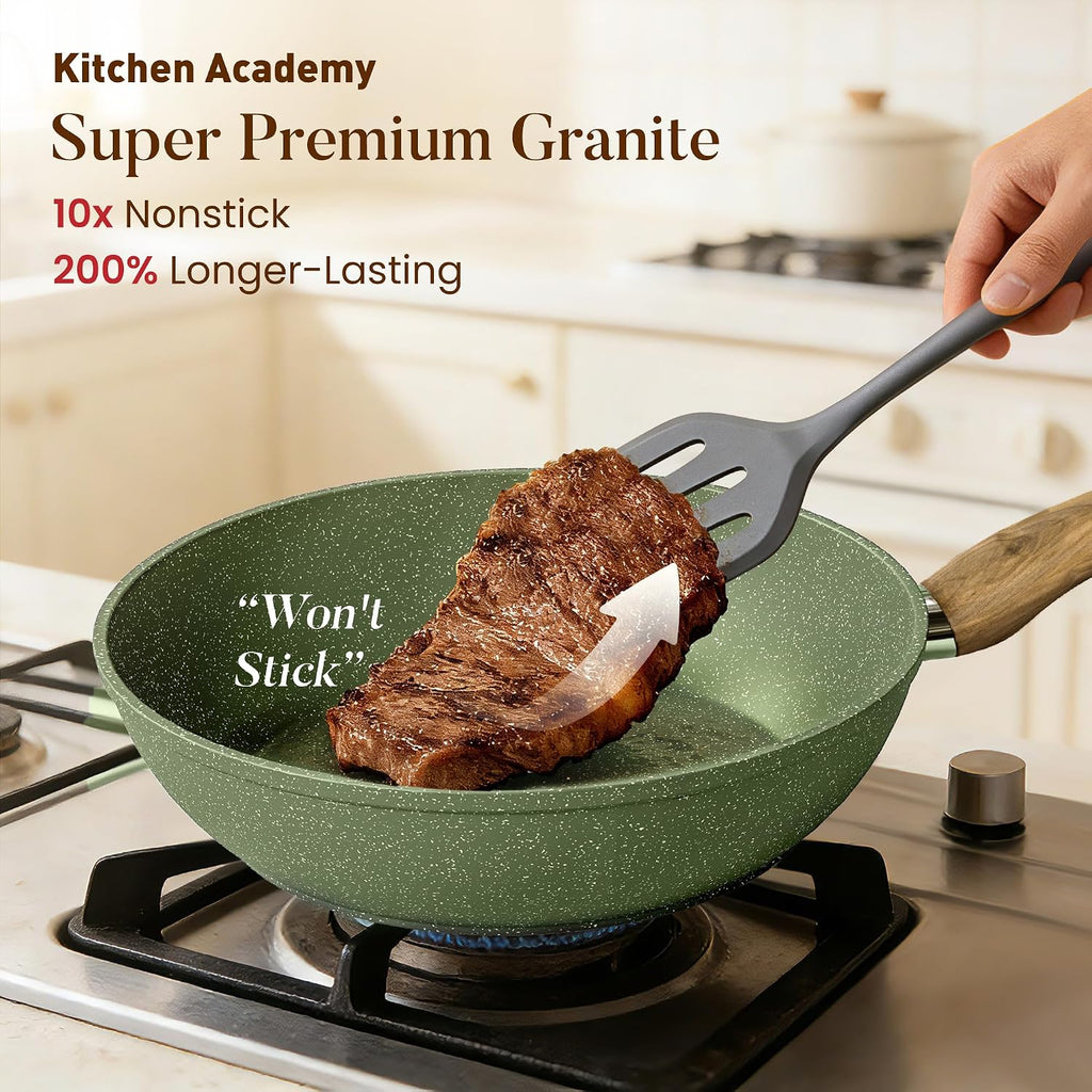 Kitchen Academy Non Toxic Pots and Pans Set Non Stick - 12 Piece Induction Cookware Sets, Green Granite Nonstick Cooking Pot and Pan, PFOA&PFOS Free