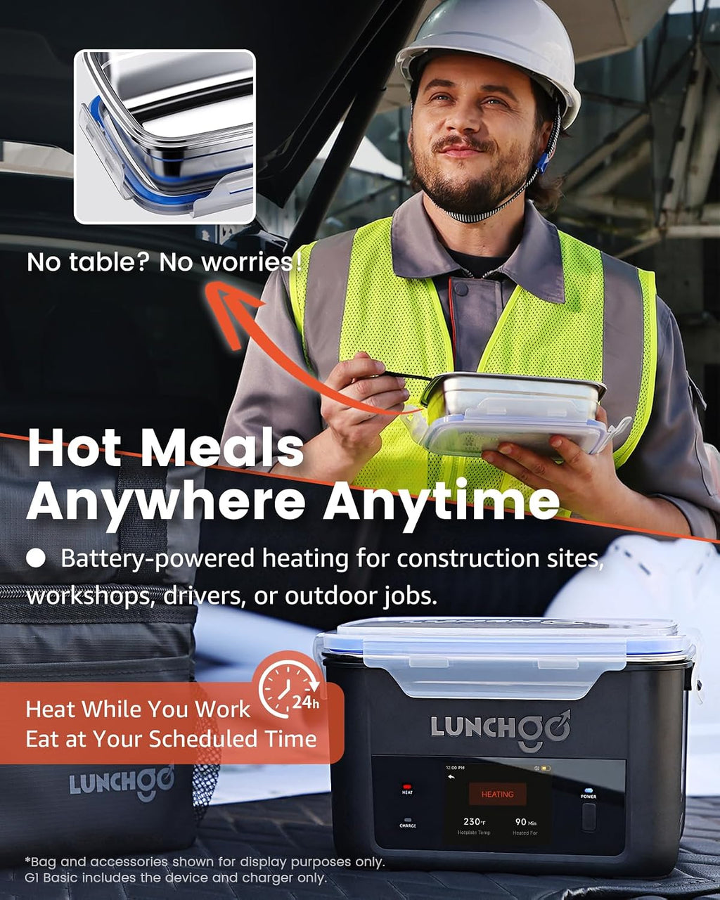 LUNCHGO® G1 Cordless Electric Heated Lunch Box, Battery Powered Self Heating Lunch Box, 5-Cup Capacity, 250°F Max, Scheduled Heating, Rechargeable Food Warmer for Work, Travel & Outdoor Use
