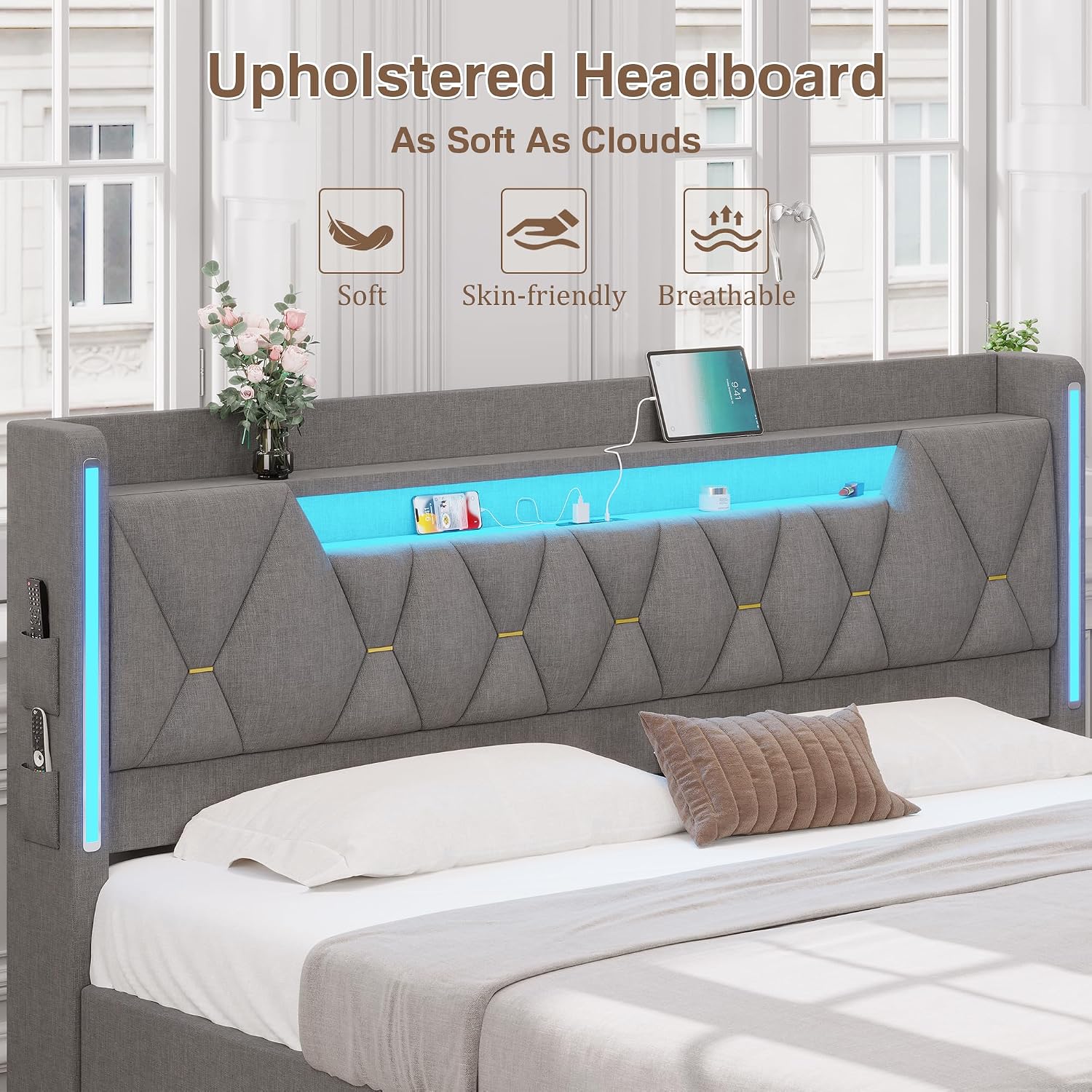 busyaeh King Size Bed Frame with Marshmallow Headboard and Storage, King Bed Frame with LED Lights & Charging Station, Upholstered Platform Bed with Metal Support, No Noise, No Box Spring Needed,Gray