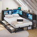 DICTAC Corner Bed Frame with 2 Storage Drawers and Bookcase Headboard Twin XL Metal Platform Bed Frame with Led Lights and Charging Station Twin XL Daybed for Teen and Adult,Kids Bed Frame,Black