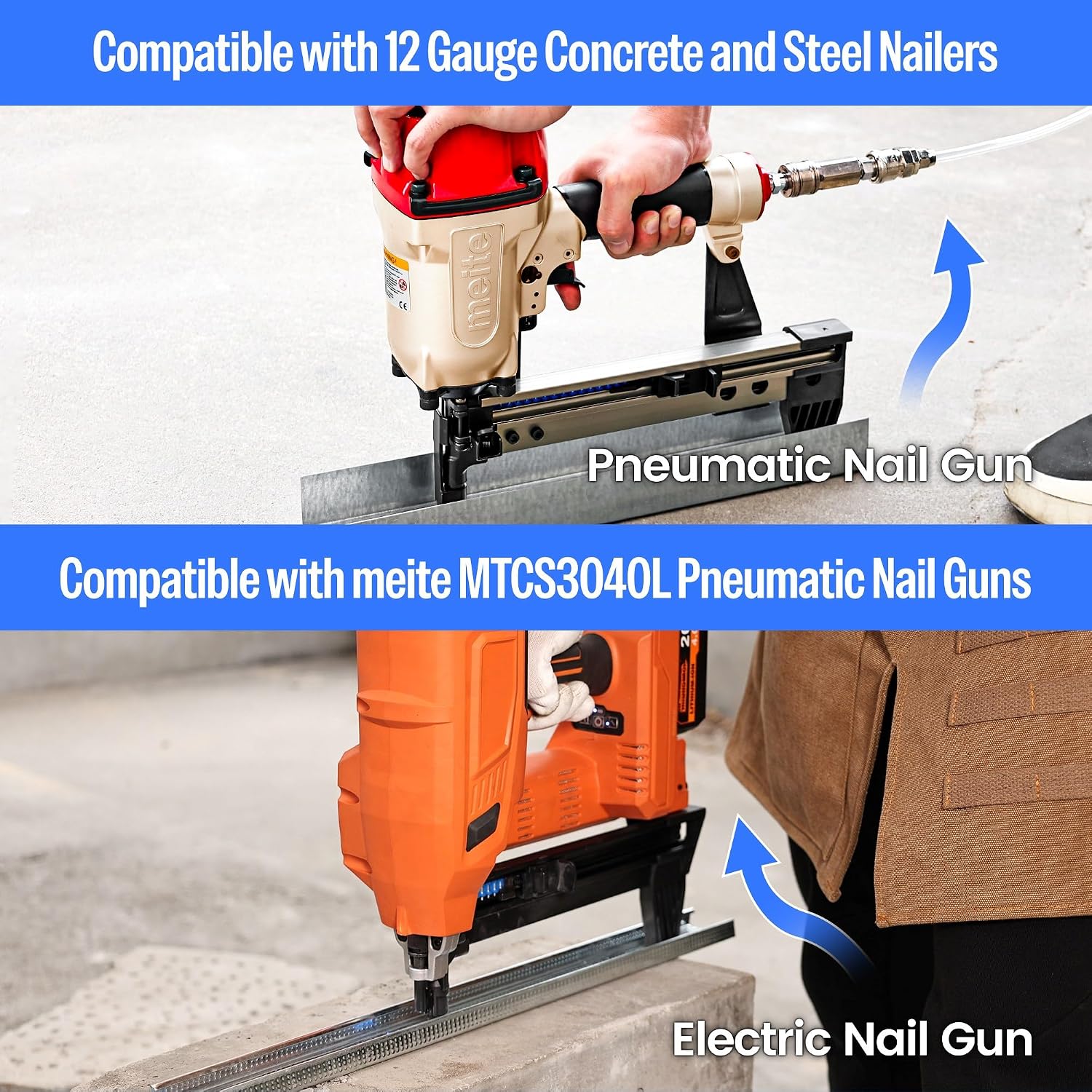 Meite 12 Gauge Plastic Collated Concrete Nails Drive Pins, 1-1/2' Length .118' Smooth Shank, Mechanical Galvanized Gas Pipe Fastening Nails for Drywall Track Steel-to-Concrete Framing (10 Boxes)
