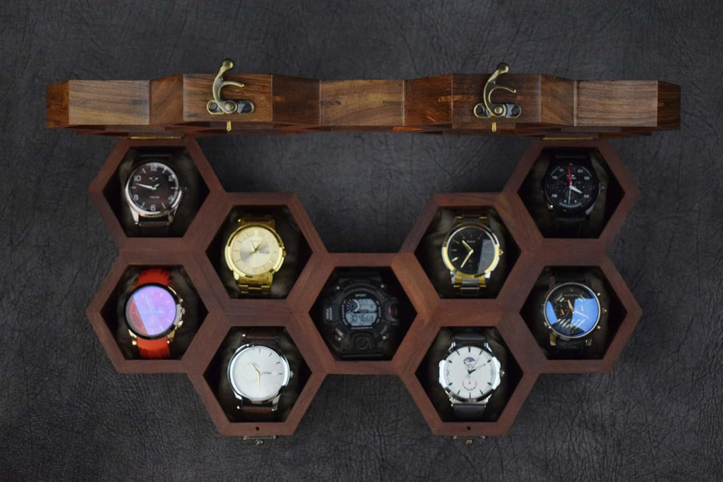 Extra Large Superior Rosewood Honeycomb Watch Box Display Case Holder Collector Organizer for Men, Vintage Watch Storage Box to Store and Keep your Watches Safe and Sophisticated (nine storage)