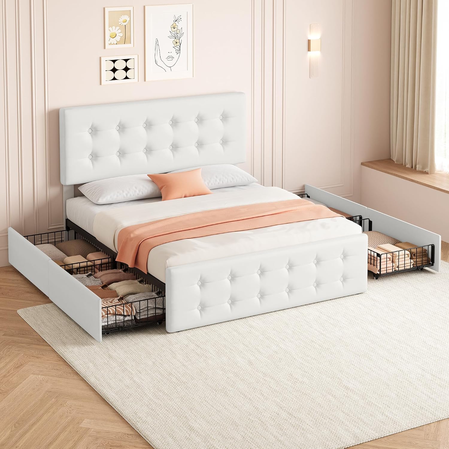 IDEALHOUSE Full Size Bed Frame with 4 Storage Drawers and Headboard, Faux Leather Upholstered Platform Bed Frame with Wooden Slats Support, Button Tufted Design, No Box Spring Needed, Beige