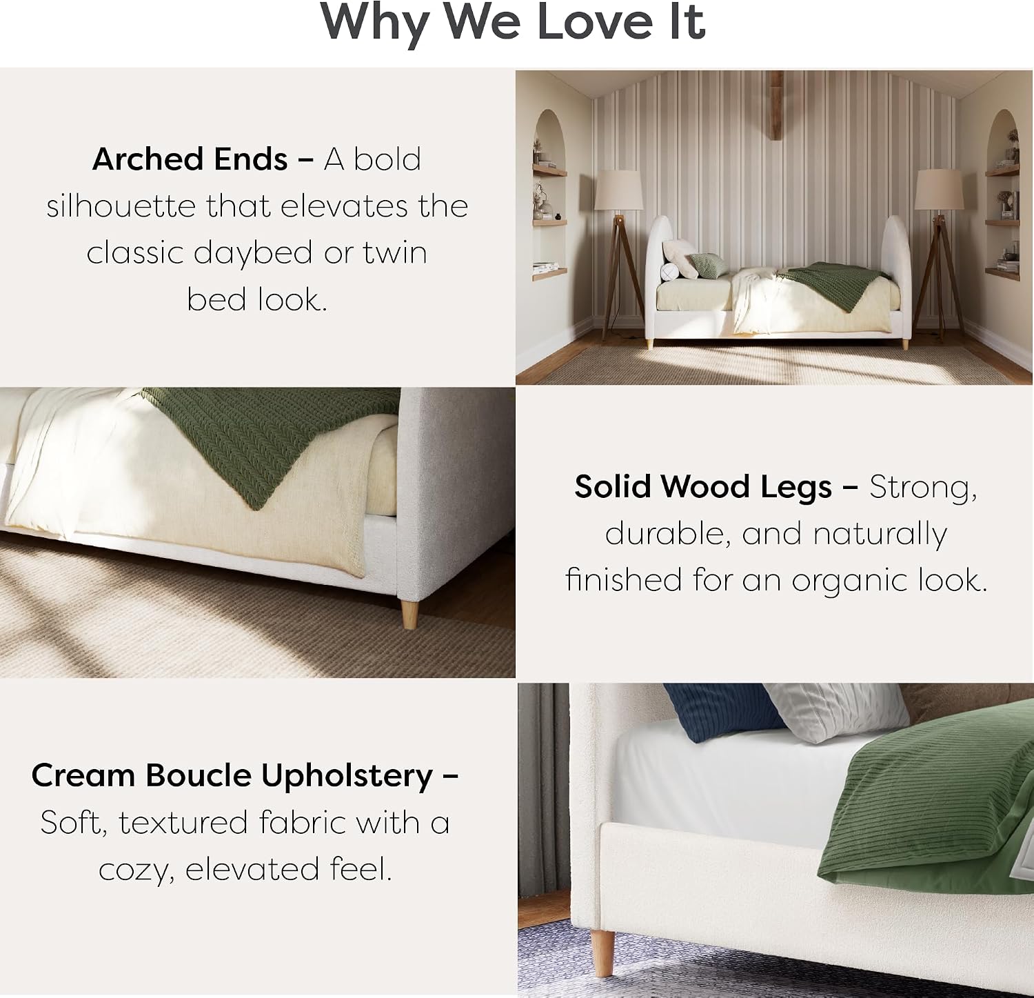 DG Casa Boucle Cloud Daybed Frame with Arched Side Panels, Upholstered in Cream White Fabric, Twin Platform Bed Frame with Solid Wood Legs – Boho or Modern Style – No Box Spring Needed