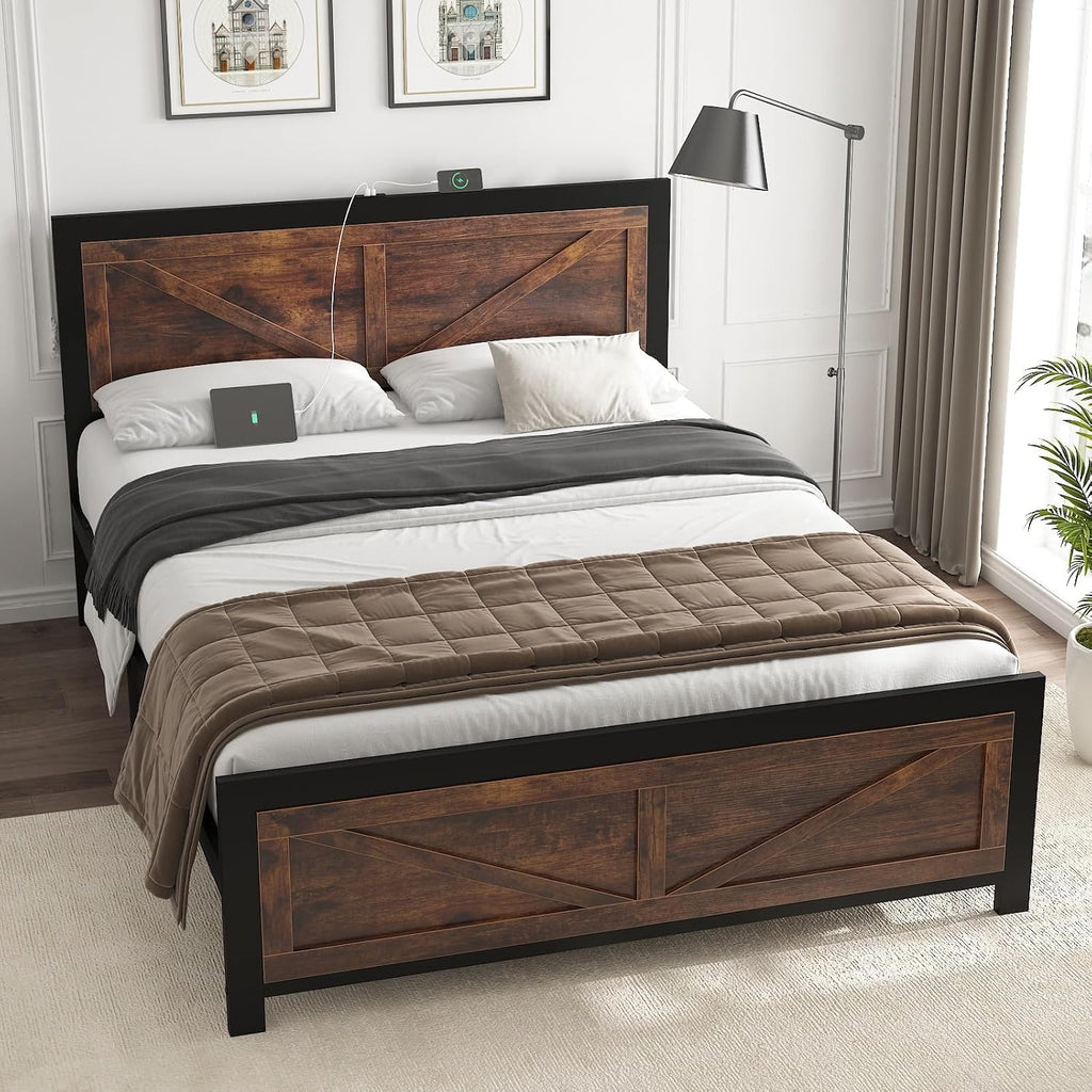 DOGIBIXO Full Size Bed Frame with Led Lights and Charging Station, Platform Farmhouse Wood Bed Frame with Rustic Barn Door Headboard, Strong Metal Slats Support, No Box Spring Needed, Brown