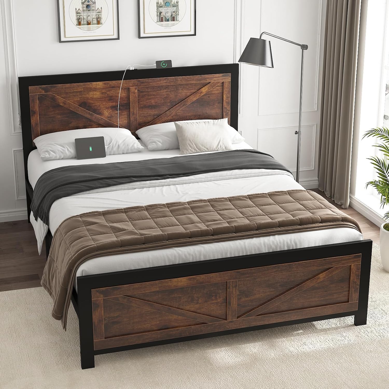 DOGIBIXO Full Size Bed Frame with Led Lights and Charging Station, Platform Farmhouse Wood Bed Frame with Rustic Barn Door Headboard, Strong Metal Slats Support, No Box Spring Needed, Brown