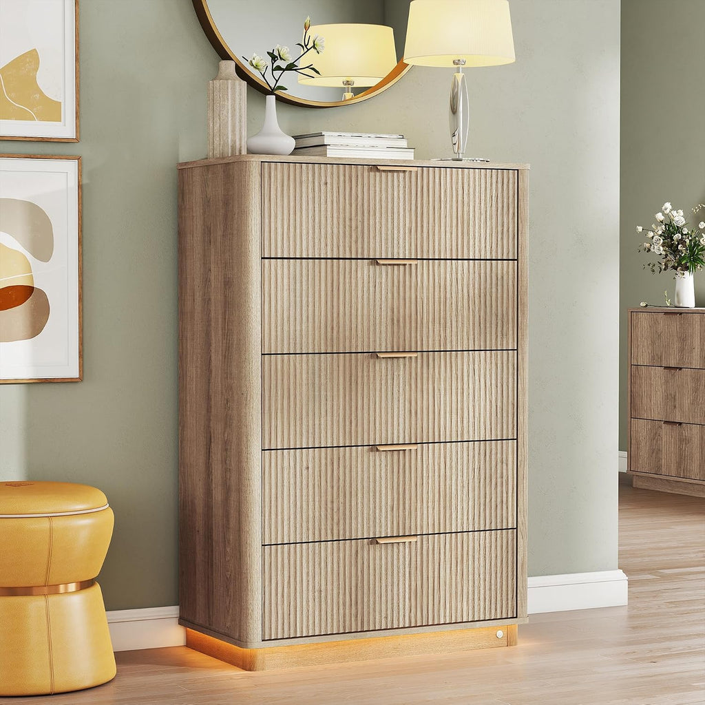 Dresser and Nightstand Sets 3 Piece, Bedroom Set with Charging Station, Large 5 Drawer Dresser for Bedroom and Night Stand Set of 2, Mid Century Modern Bedroom Furniture Set with Motion Sensor Lights