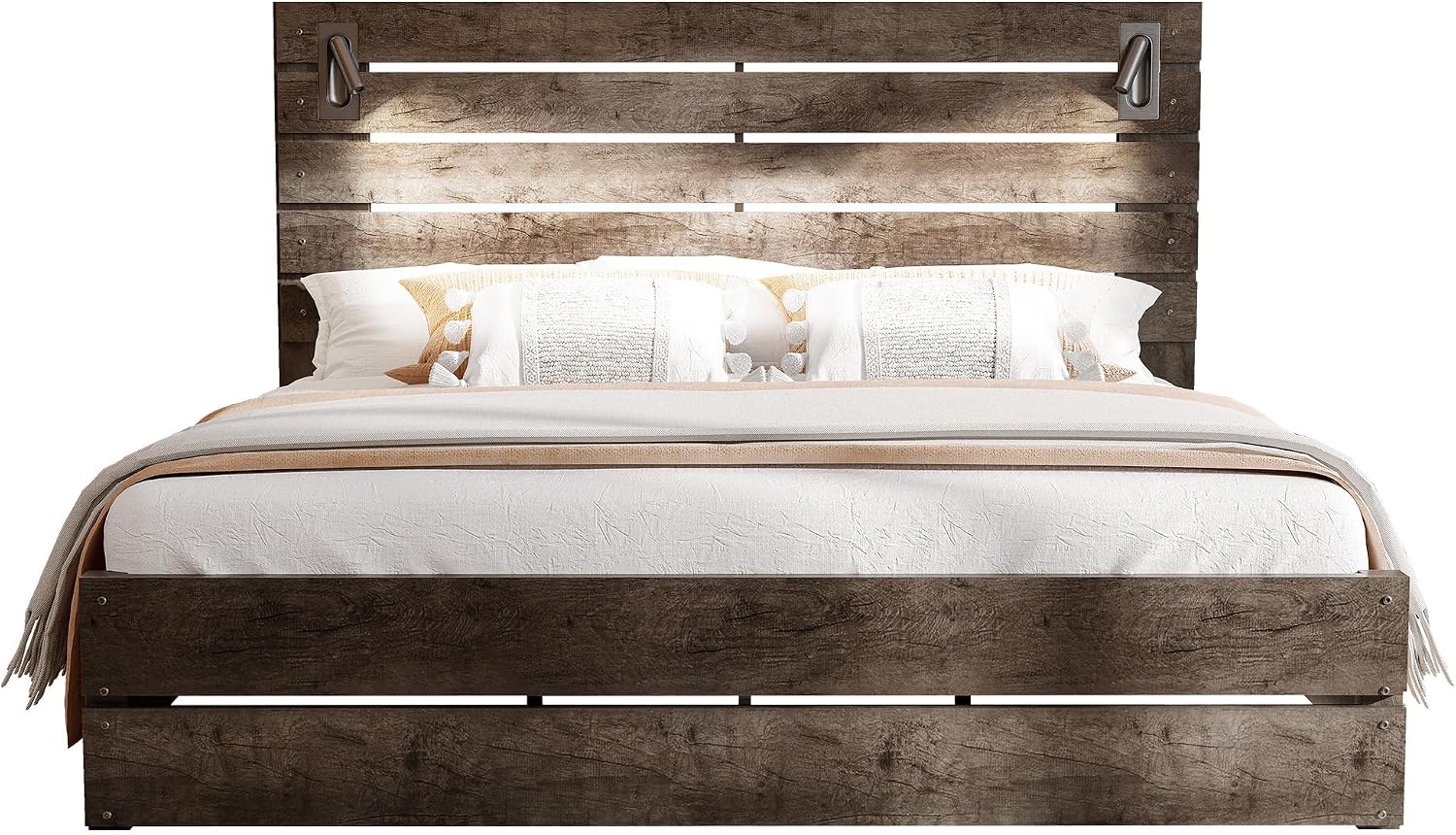 Jocisland King Size Farmhouse Bed Frame with 51' Barn Door Headboard, LED Reading Lights, Platform Bed Frame with Wood Slats, Under Bed Storage Space, Noisy Free, Easy Assembly, Rustic Gray