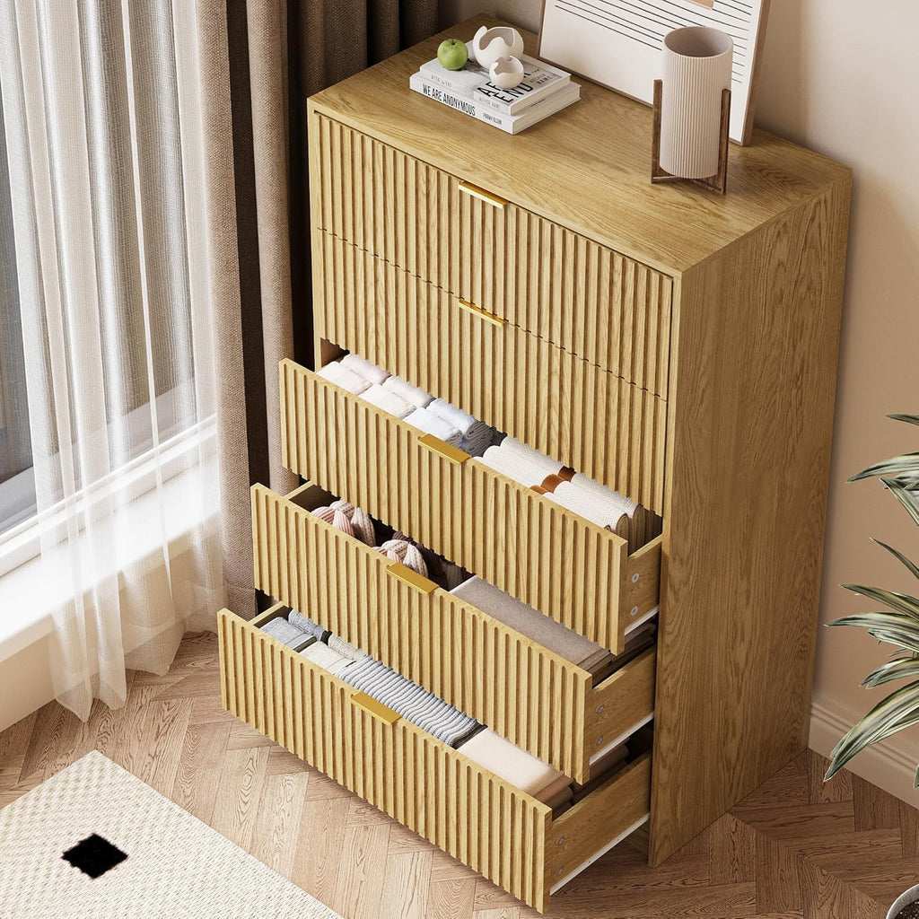 MAISONARIA 3-Piece Dresser Bedroom Set, 5 Drawer Dresser & 2 Drawer Nightstands with Gold Handles, Fluted Wood Chest of Drawers for Bedroom, Living Room, Entryway, Nature