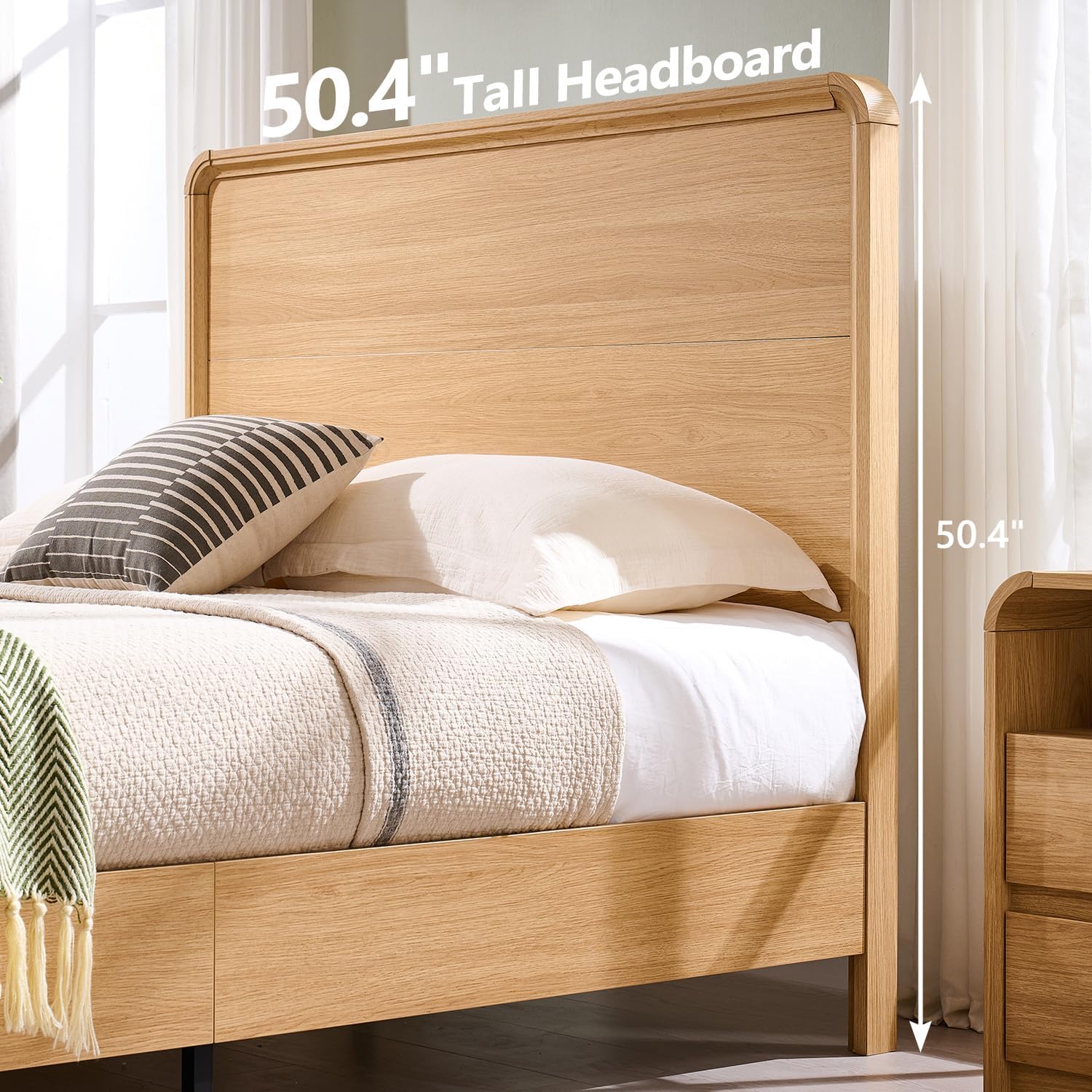 Aitjunz Modern Queen Size Bed Frame with 50' Tall Headboard, Wood Queen Size Platform Bed Frame w/3 Storage Drawers, Curved Profile Design, Wood & Steel Platform Bed, No Box Spring Needed, Natural Oak