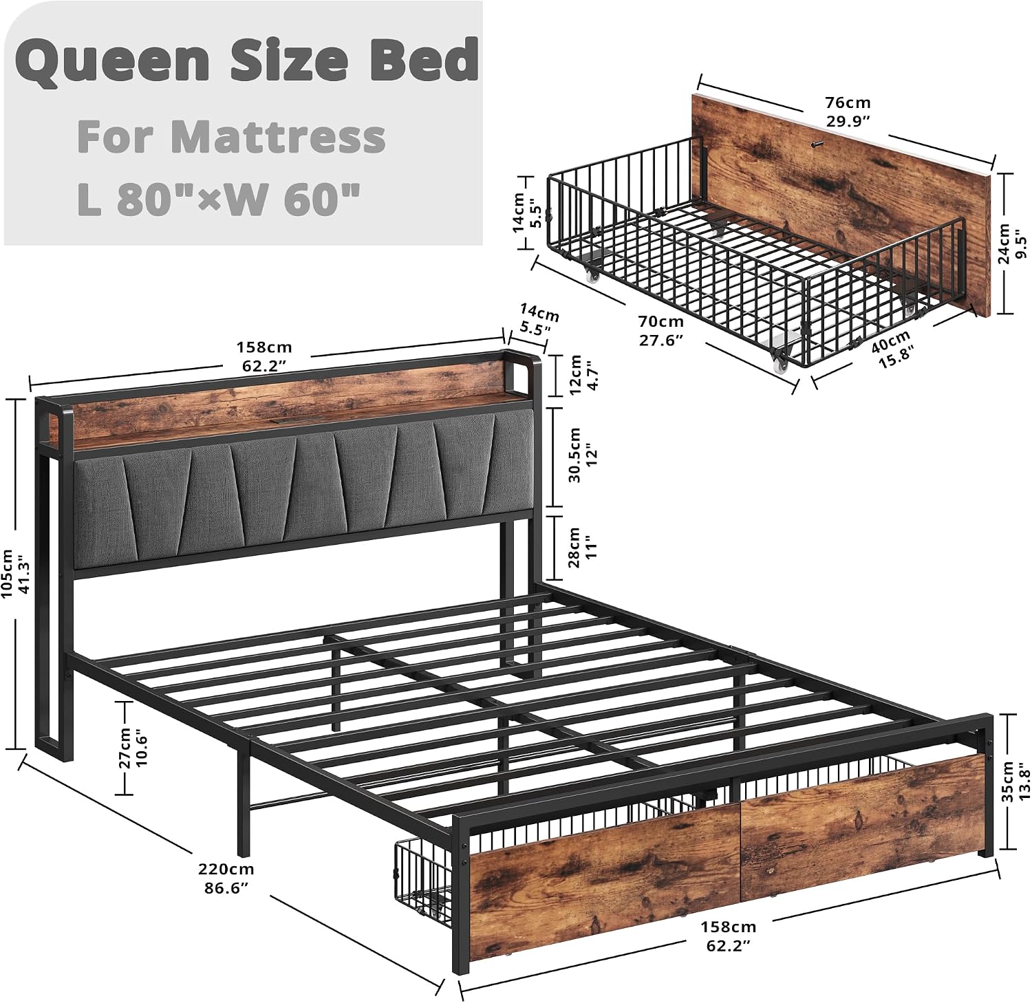 LIKIMIO Queen Bed Frame, Storage Headboard with Charging Station, Platform Bed with Drawers, No Box Spring Needed, Easy Assembly, Vintage Brown and Gray