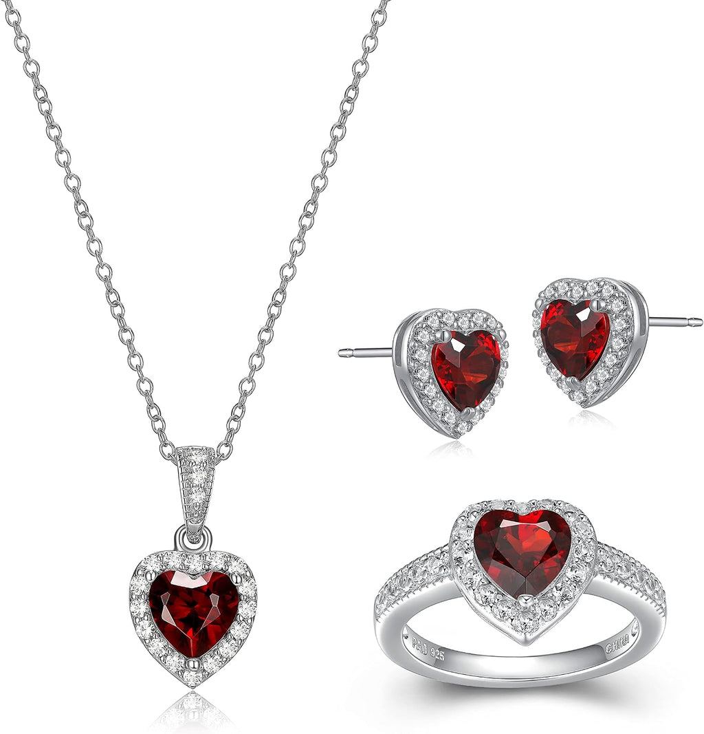 MORGAN & PAIGE .925 Sterling Silver Gemstones and White Sapphire Halo Heart Pendant Necklace, Ring and Stud Earrings for Women Set - Birthstone Jewelry Sets for Women, 18in Cable Chain, Size 7 Ring