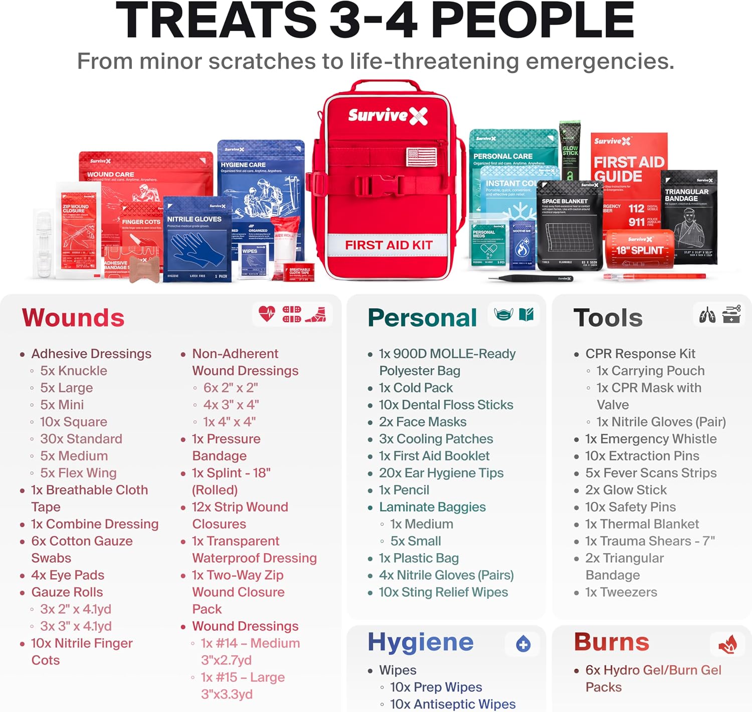 SurviveX Large First Aid Kit for Car, Travel & Home - Emergency Kit for Hiking, Camping, Backpacking and Outdoors - Includes Zip Stitch Wound Closure Strips (Pack of 2)