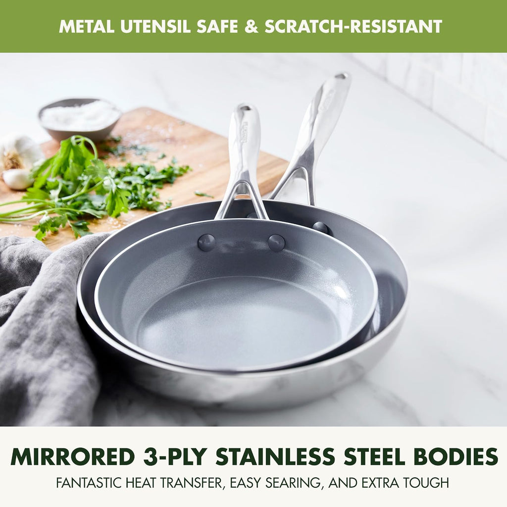 GreenPan Valencia Pro Tri-Ply Stainless Steel 8' & 10' Frying Pan Skillet Set, PFAS-Free Ceramic Nonstick Coating, Induction Ready Cookware, All Cooktops, Eggs & Omelets, Dishwasher & Oven Safe 600F