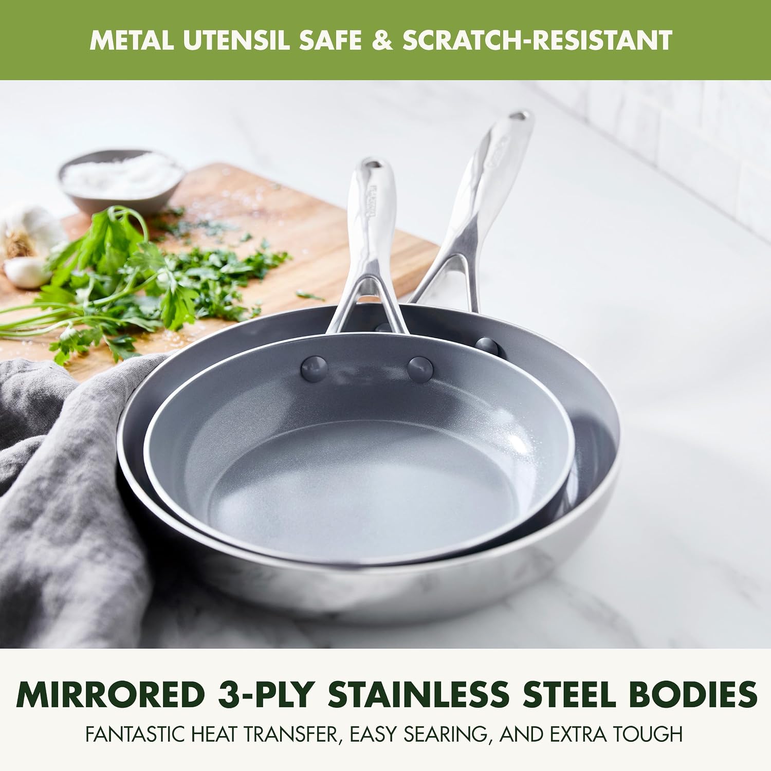 GreenPan Valencia Pro Tri-Ply Stainless Steel 8' & 10' Frying Pan Skillet Set, PFAS-Free Ceramic Nonstick Coating, Induction Ready Cookware, All Cooktops, Eggs & Omelets, Dishwasher & Oven Safe 600F