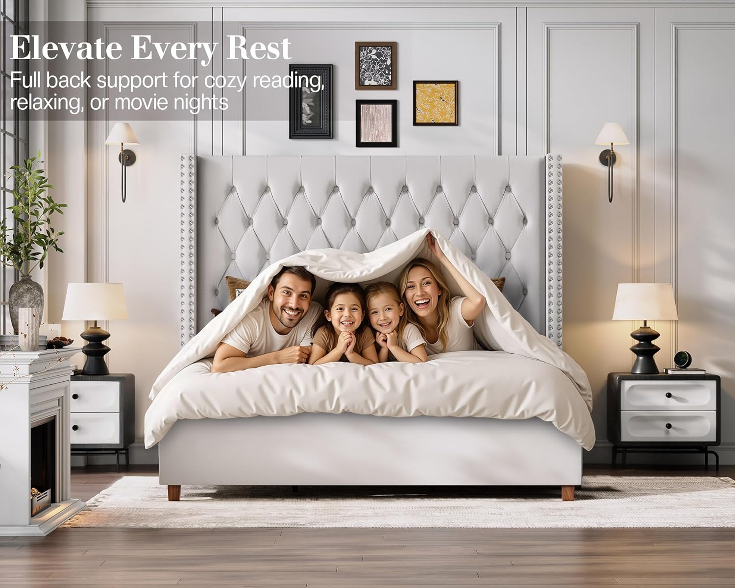 Jocisland King Size Bed Frame 61.4' Extra Tall Wingback Headboard Velvet Upholstered Deep Button Tufted Platform Bed with Solid Wood Legs & Wood Slats, No Box Spring Needed, Cream