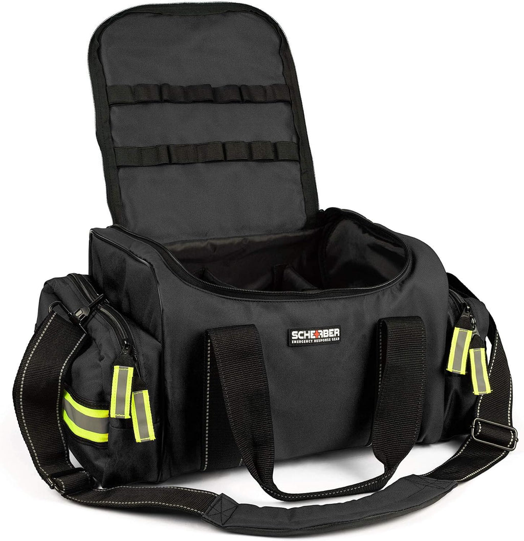 Scherber First Responder Fully-Stocked Large Professional Essentials EMT/EMS Trauma Kit | HSA/FSA Approved | Reflective Bag w/8 Zippered Pockets & Compartments & 250+ First Aid Supplies (Black)