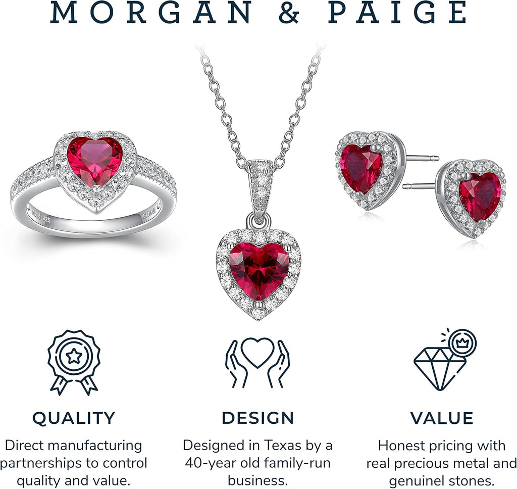 MORGAN & PAIGE .925 Sterling Silver Gemstones and White Sapphire Halo Heart Pendant Necklace, Ring and Stud Earrings for Women Set - Birthstone Jewelry Sets for Women, 18in Cable Chain, Size 7 Ring