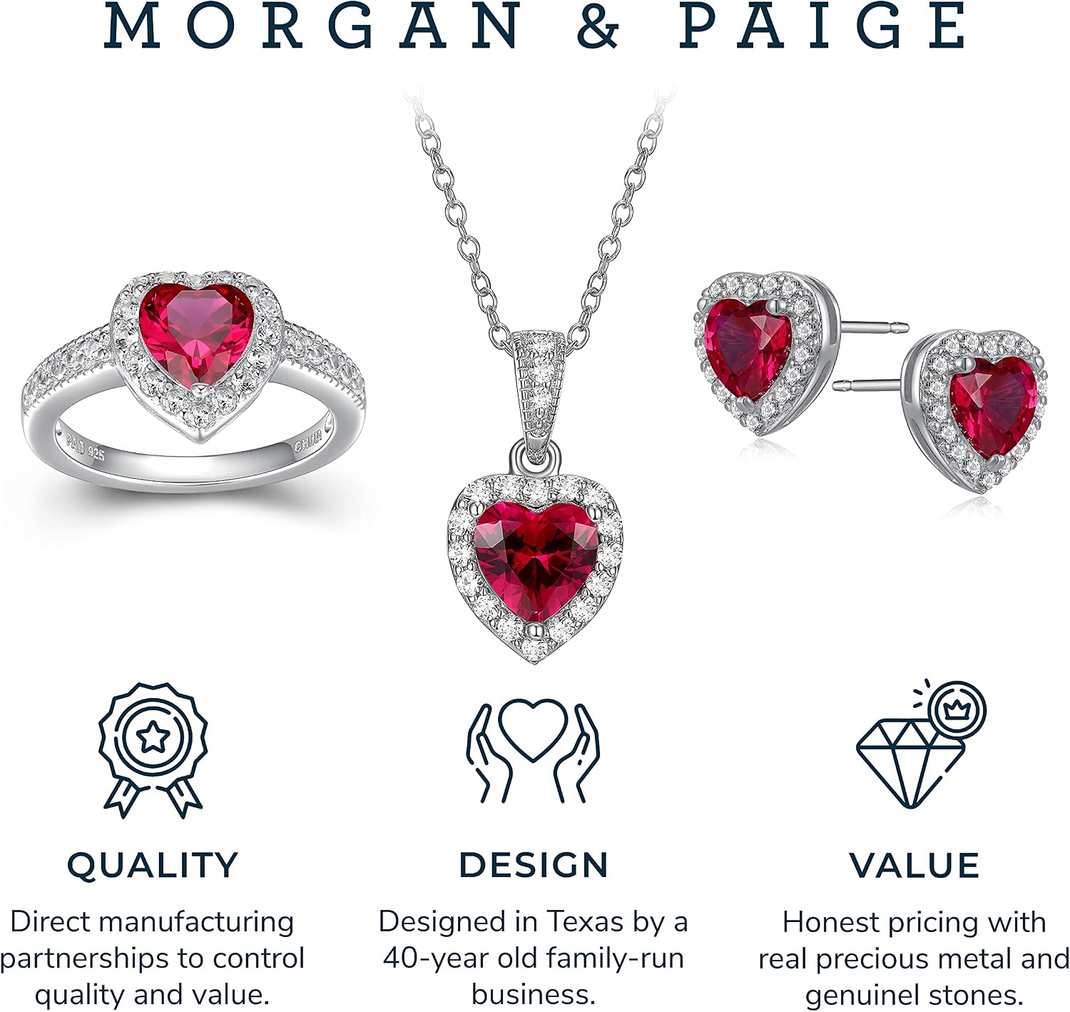 MORGAN & PAIGE .925 Sterling Silver Gemstones and White Sapphire Halo Heart Pendant Necklace, Ring and Stud Earrings for Women Set - Birthstone Jewelry Sets for Women, 18in Cable Chain, Size 7 Ring