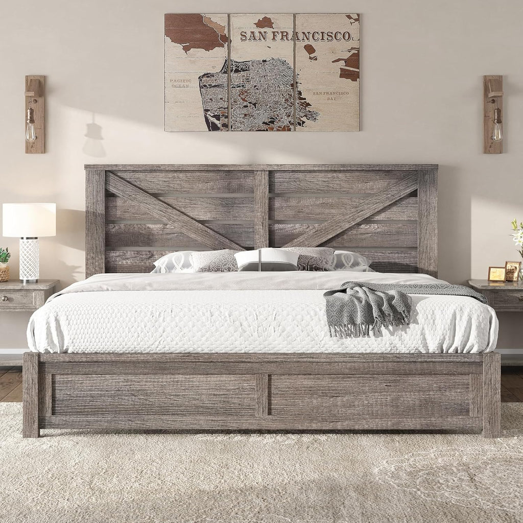 AMERLIFE King Size Bed Frame with 49.2' Barn Door Headboard and Footboard, Farmhouse Platform Bed Frame with Wood Slats, No Box Spring Needed, Under Bed Storage, Rustic Gray