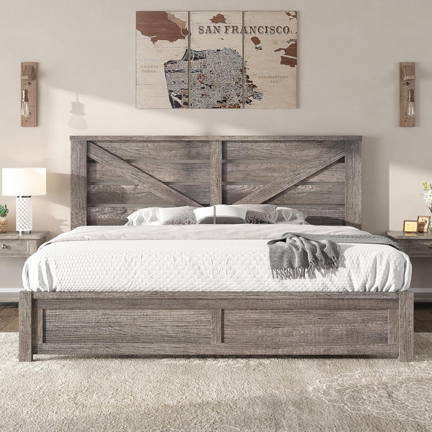 AMERLIFE King Size Bed Frame with 49.2' Barn Door Headboard and Footboard, Farmhouse Platform Bed Frame with Wood Slats, No Box Spring Needed, Under Bed Storage, Rustic Gray