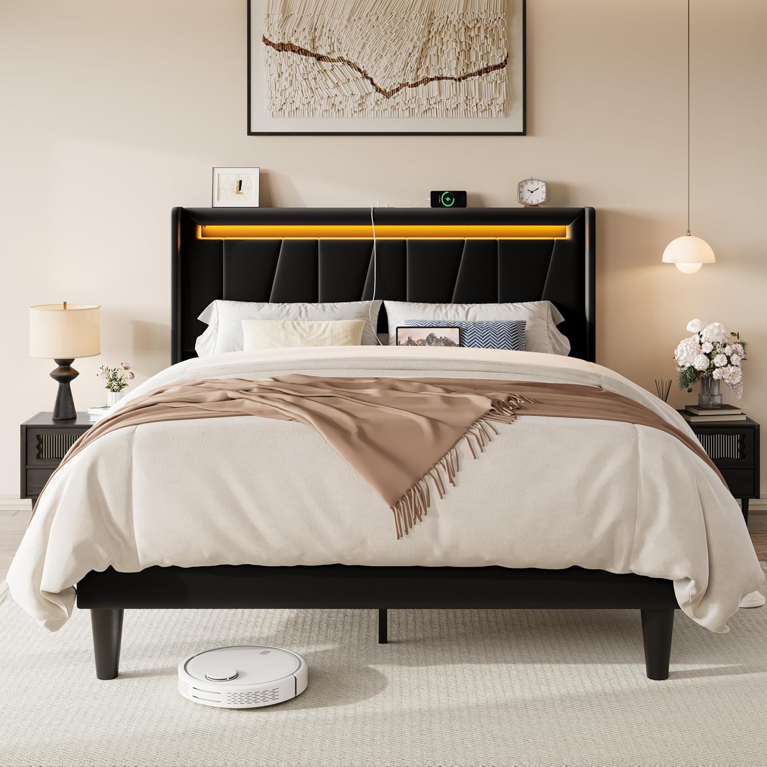 Allewie Queen Size LED Bed Frame with Charging Station, Velvet Upholstered Platform Bed with Geometric Wingback Headboard, Modern Frame with No Box Spring Needed, Easy Assembly, Black
