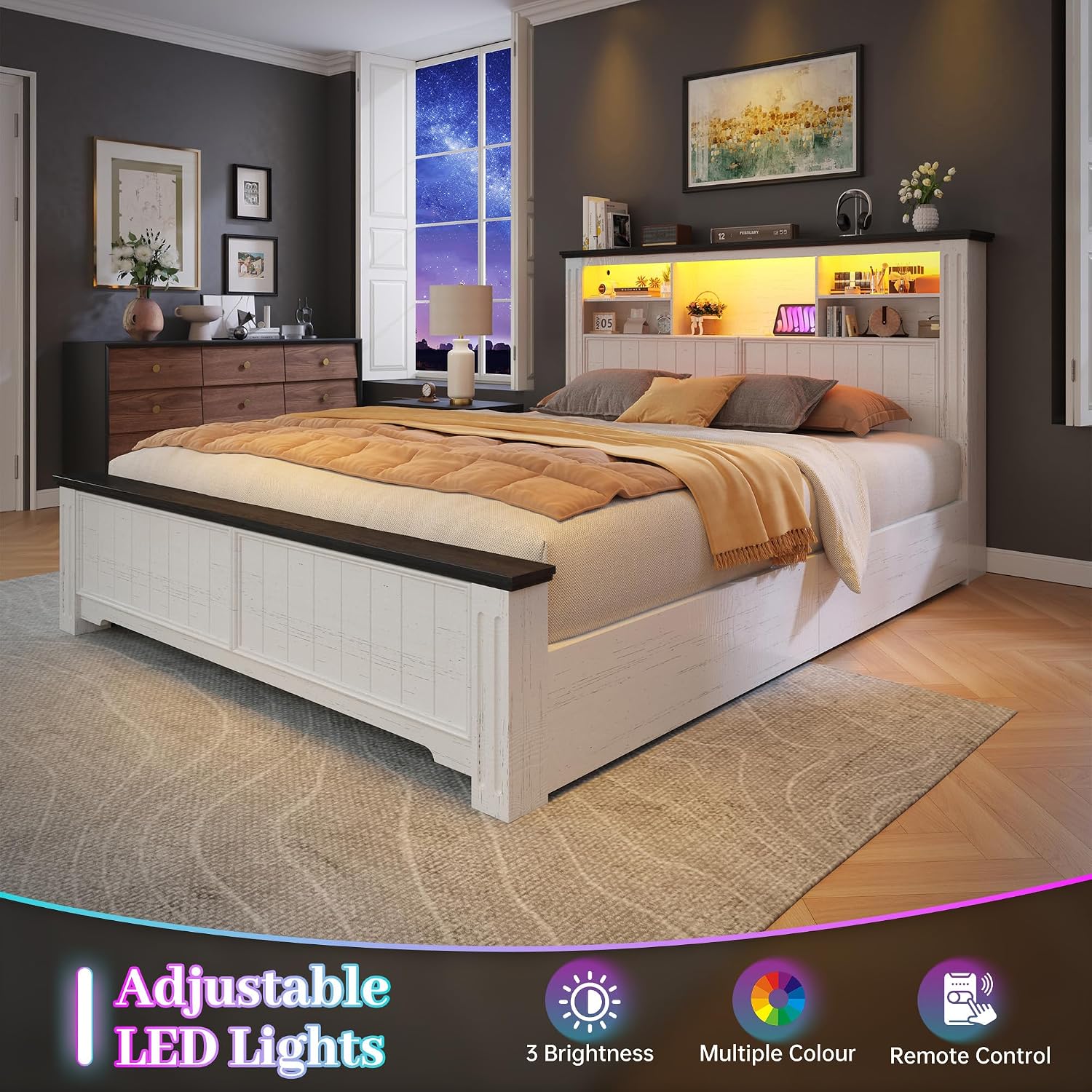 EnHomee Full Size Bed Frame with Storage, Full Bed Frame with 4 Drawers Charging Port & LED,Bed Frame with Headboard Built in Charging Station,No Box Spring Needed,NO Noise,White with Grain Marks