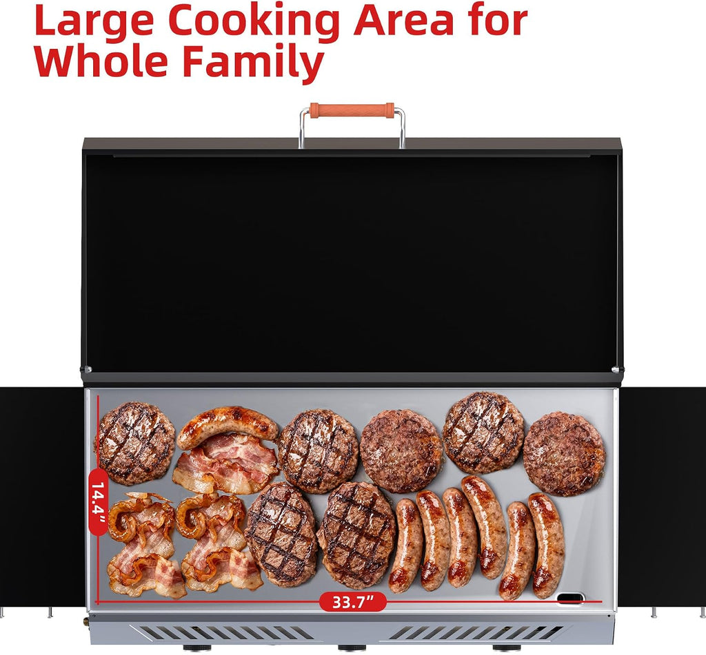 Veralune 2 in 1 Flat Top Gas Grill with Lid, Propane Gas Griddle, Outdoor Griddle Grill, Folding Side Shelves, Push-Button Ignition, Large Cooking Area
