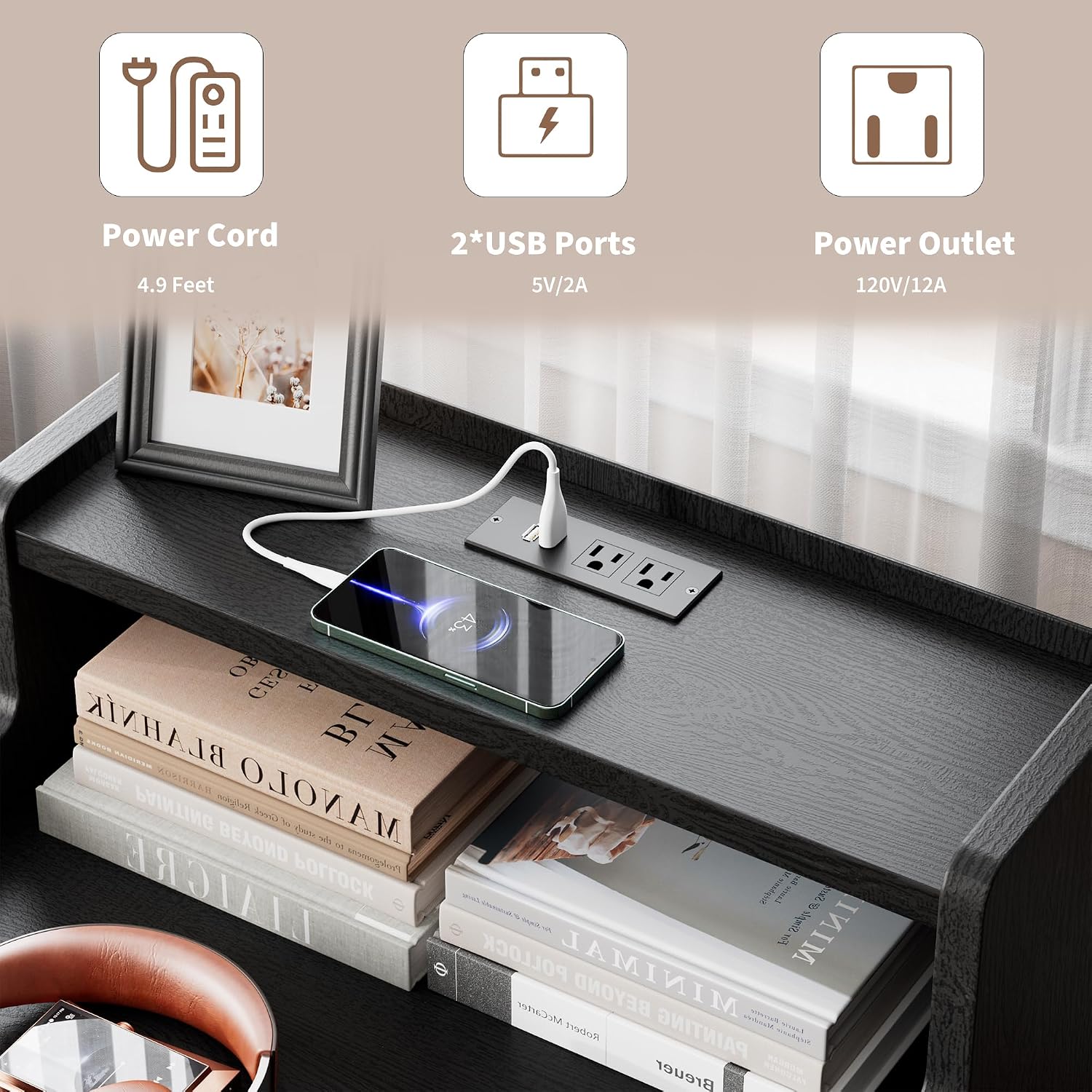 Rresyet Nightstand Set of 2, 26.8' Modern Black End Tables with Drawers & Built-in Charging Station for Bedroom, Upgraded Storage, Handle-Free Design