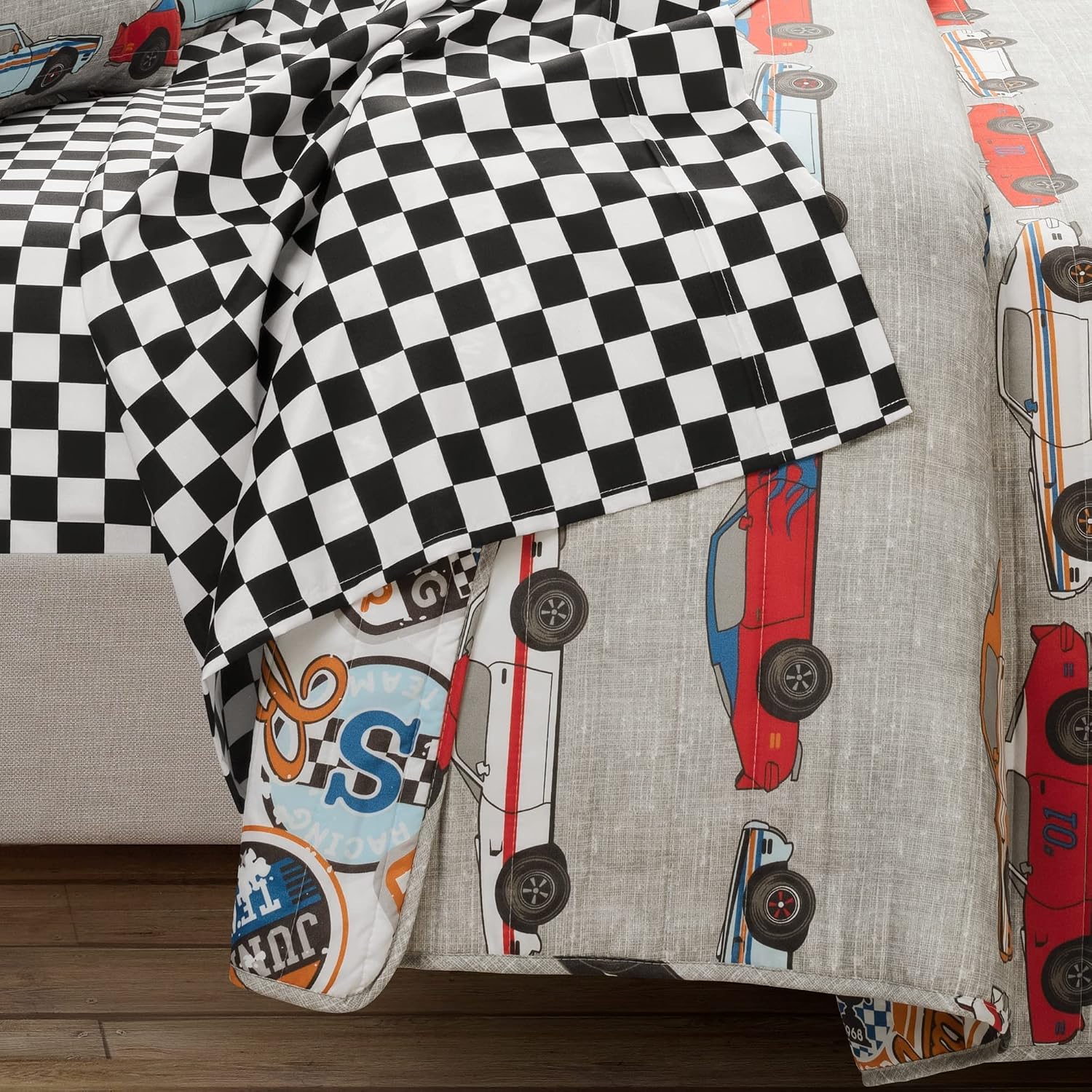 Lush Decor Race Car Kids' 7-Piece Oversized Quilt Bed Set, Reversible Bedding Set for Boys, Blue & Orange, Full/Queen