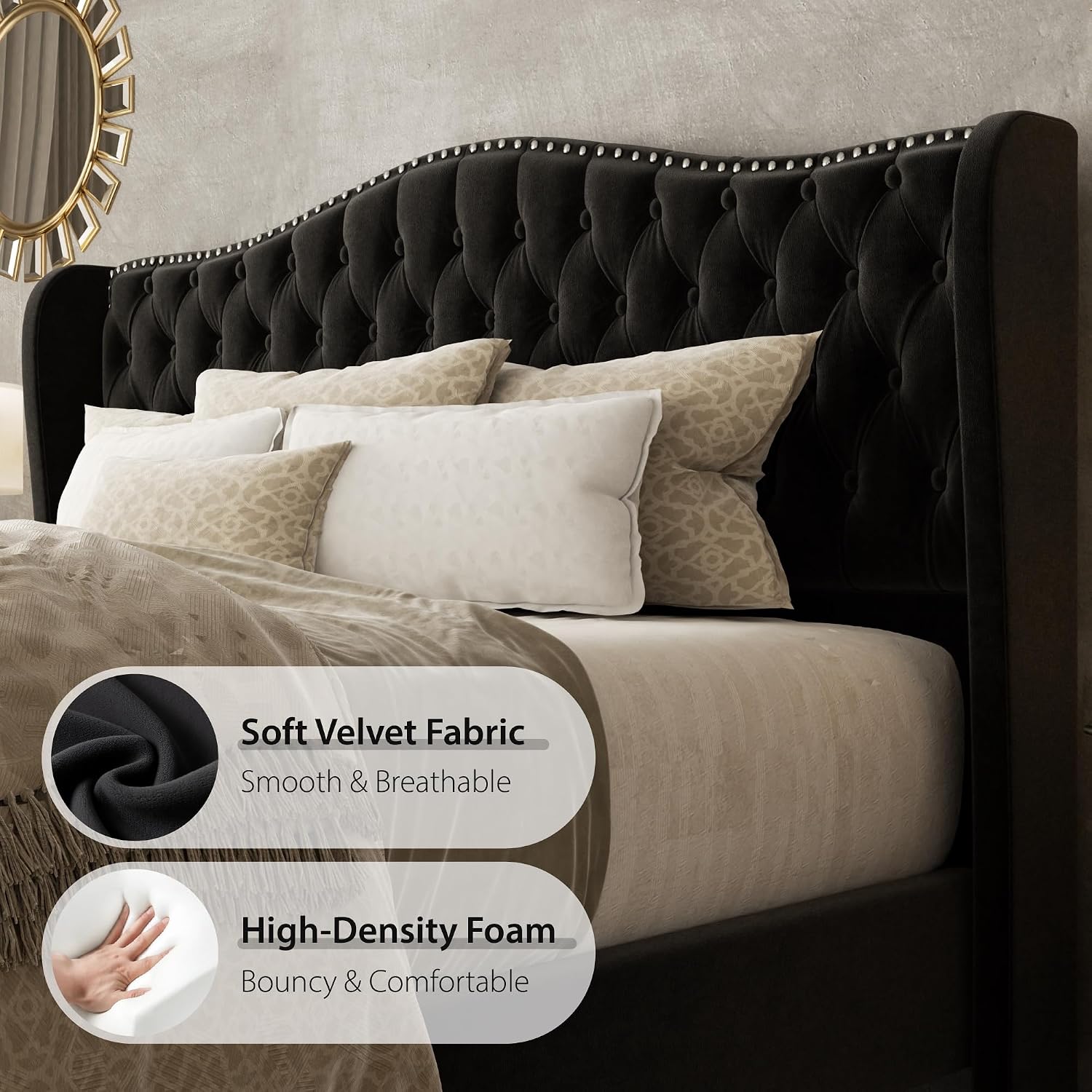 Queen Size Bed Frame with Tall Headboard Upholstered Bed Frame King Platform Bed Luxury Wingback Headback No Box Spring Needed, Mattress Foundation, Easy Assembly-Black
