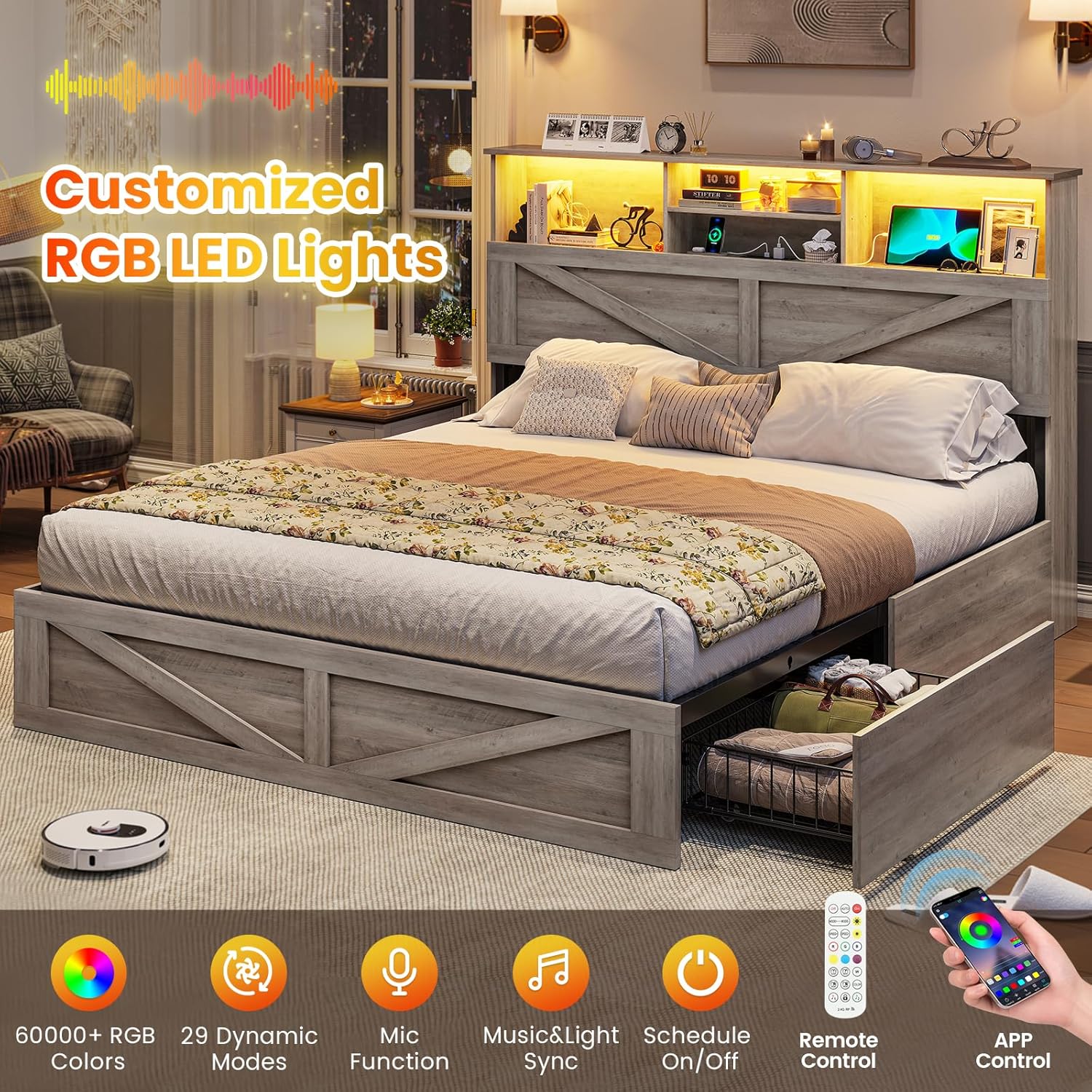 VIAGDO Farmhouse Bed Frame Queen Size with Bookcase Storage Headboard, Charging Station and LED Lights, Wooden Queen Bed Frame with 4 Drawers, Barn Door Design, No Box Spring Needed, No Noise, Grey