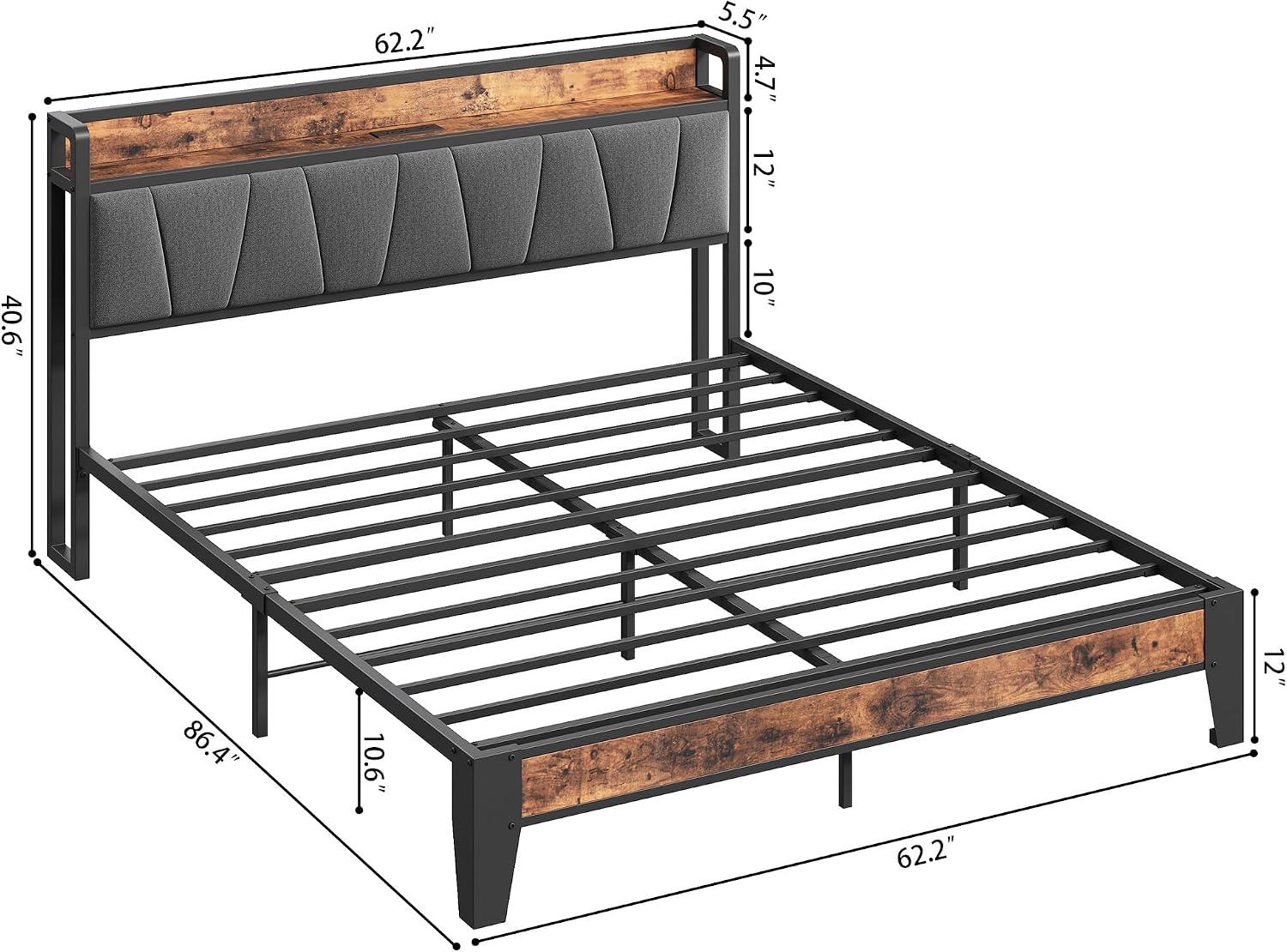 LIKIMIO Queen Bed Frame, Storage Headboard with Charging Station, Solid and Stable, Noise Free, No Box Spring Needed, Easy Assembly